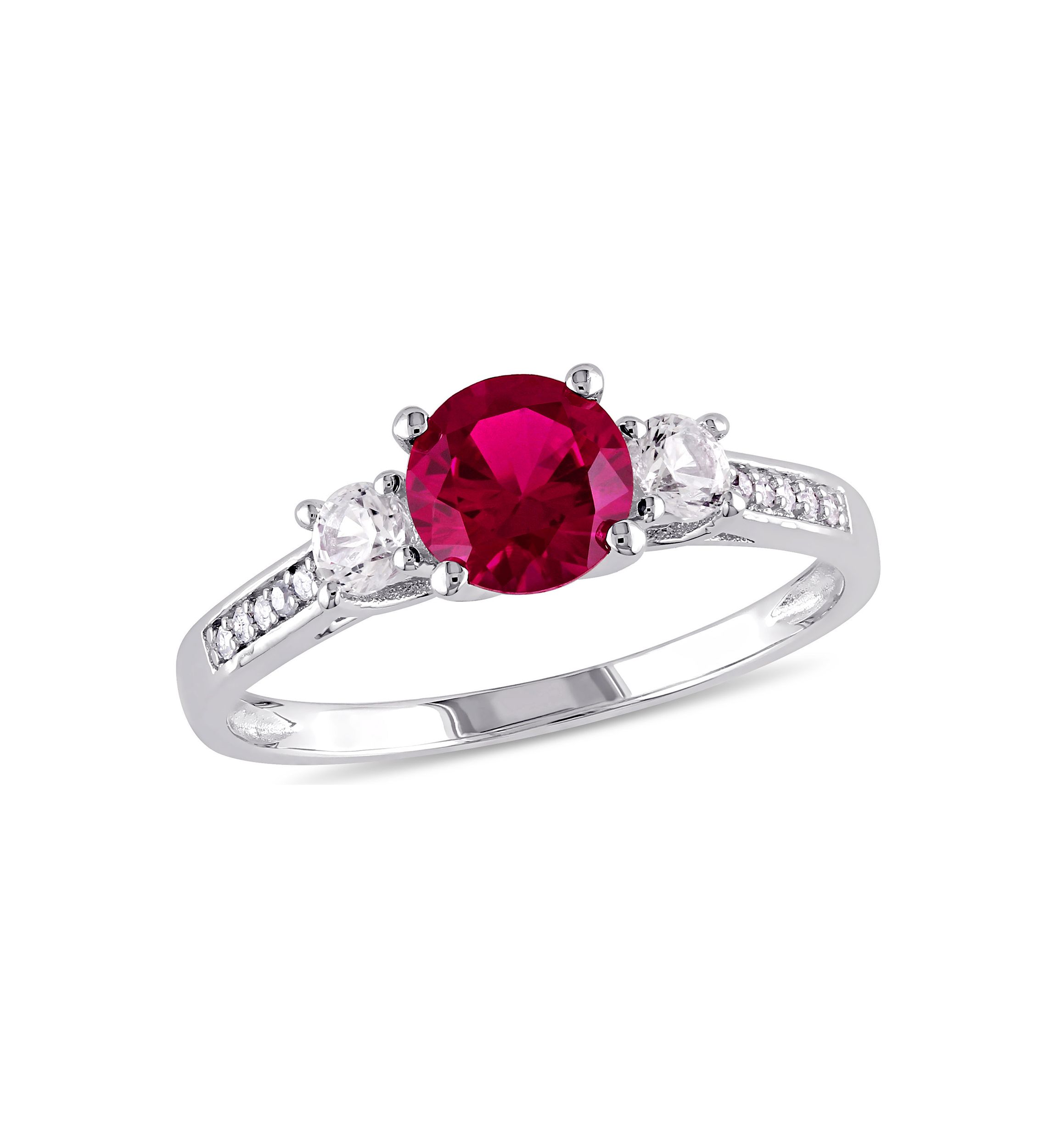 Created Ruby, White Sapphire and Diamond-Accent 3-Stone Ring in 10k White Gold