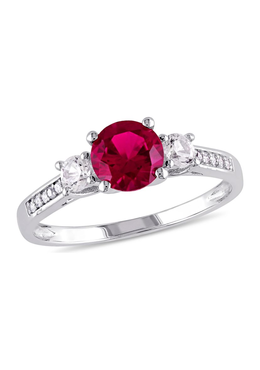 Created Ruby, White Sapphire and Diamond-Accent 3-Stone Ring in 10k White Gold