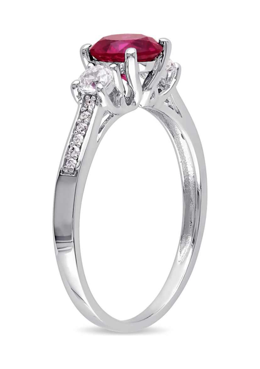 Created Ruby, White Sapphire and Diamond-Accent 3-Stone Ring in 10k White Gold