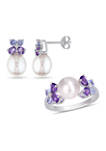 2-Piece Set Cultured Freshwater Pearl, Multi-Gemstone and Diamond Stud Earrings and Ring in Sterling Silver