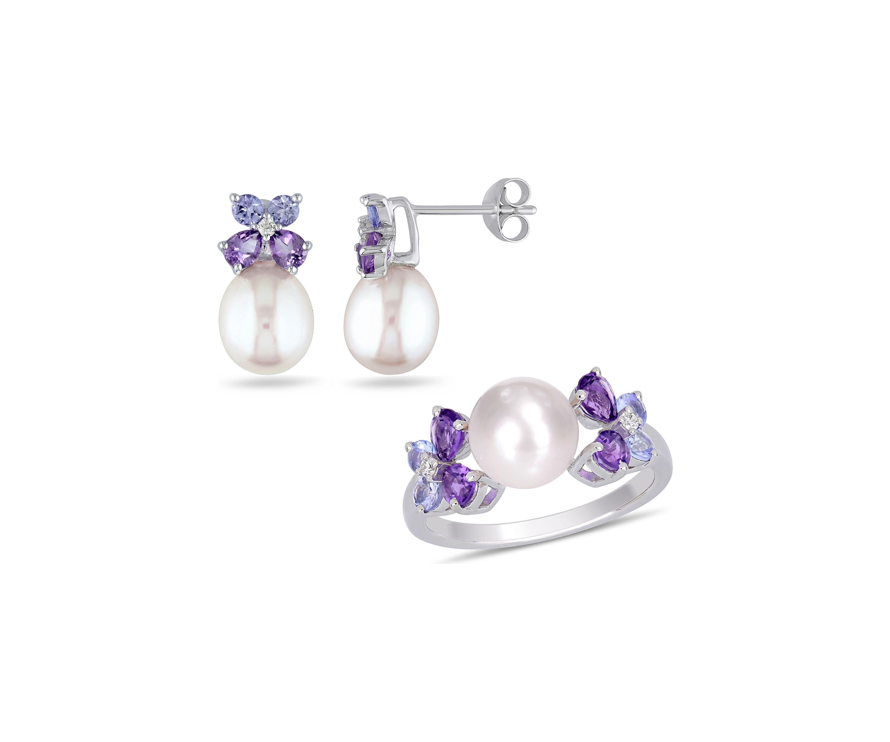 2-Piece Set Cultured Freshwater Pearl, Multi-Gemstone and Diamond Stud Earrings and Ring in Sterling Silver