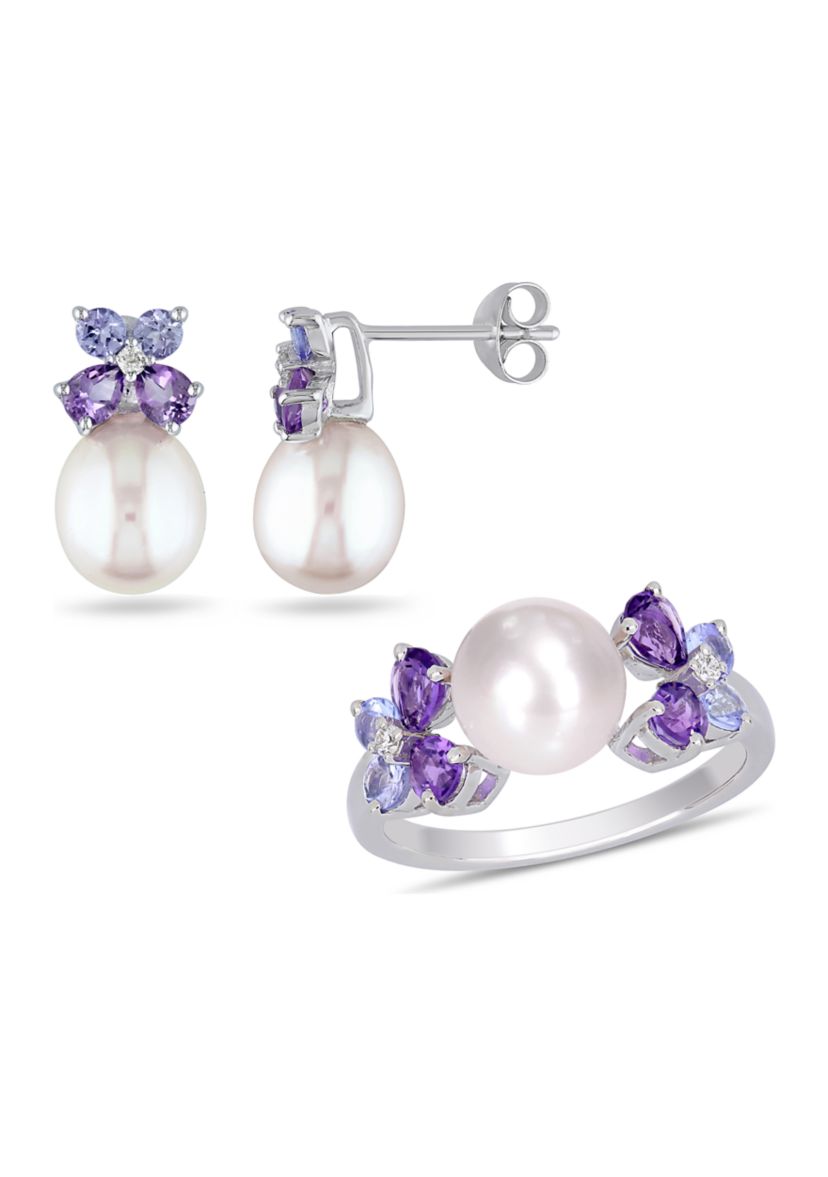 2-Piece Set Cultured Freshwater Pearl, Multi-Gemstone and Diamond Stud Earrings and Ring in Sterling Silver