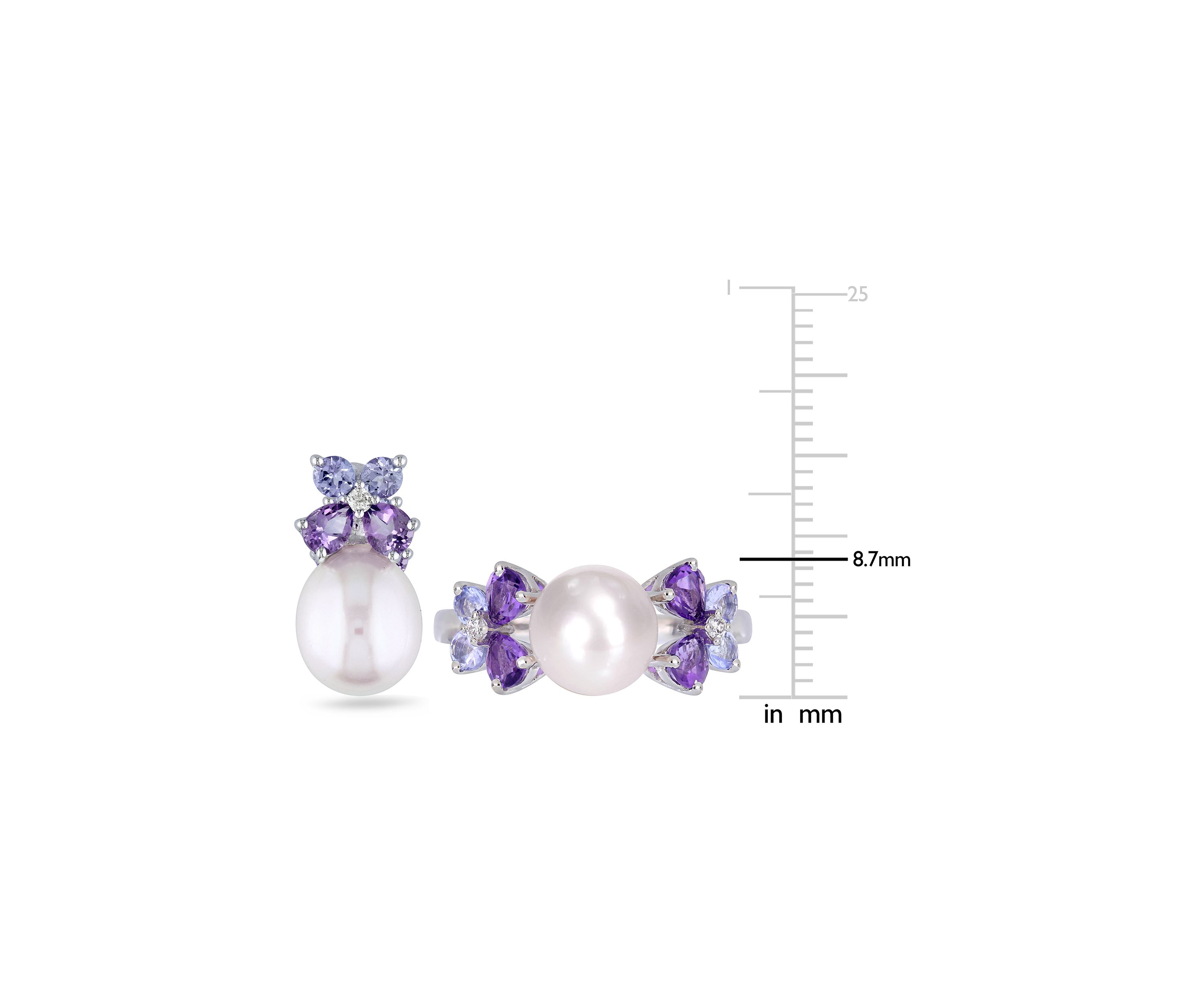2-Piece Set Cultured Freshwater Pearl, Multi-Gemstone and Diamond Stud Earrings and Ring in Sterling Silver