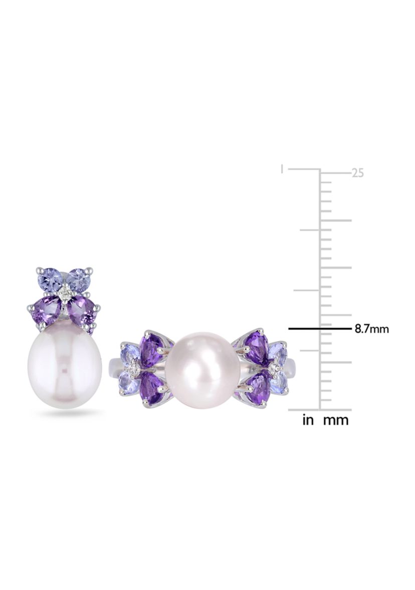 2-Piece Set Cultured Freshwater Pearl, Multi-Gemstone and Diamond Stud Earrings and Ring in Sterling Silver