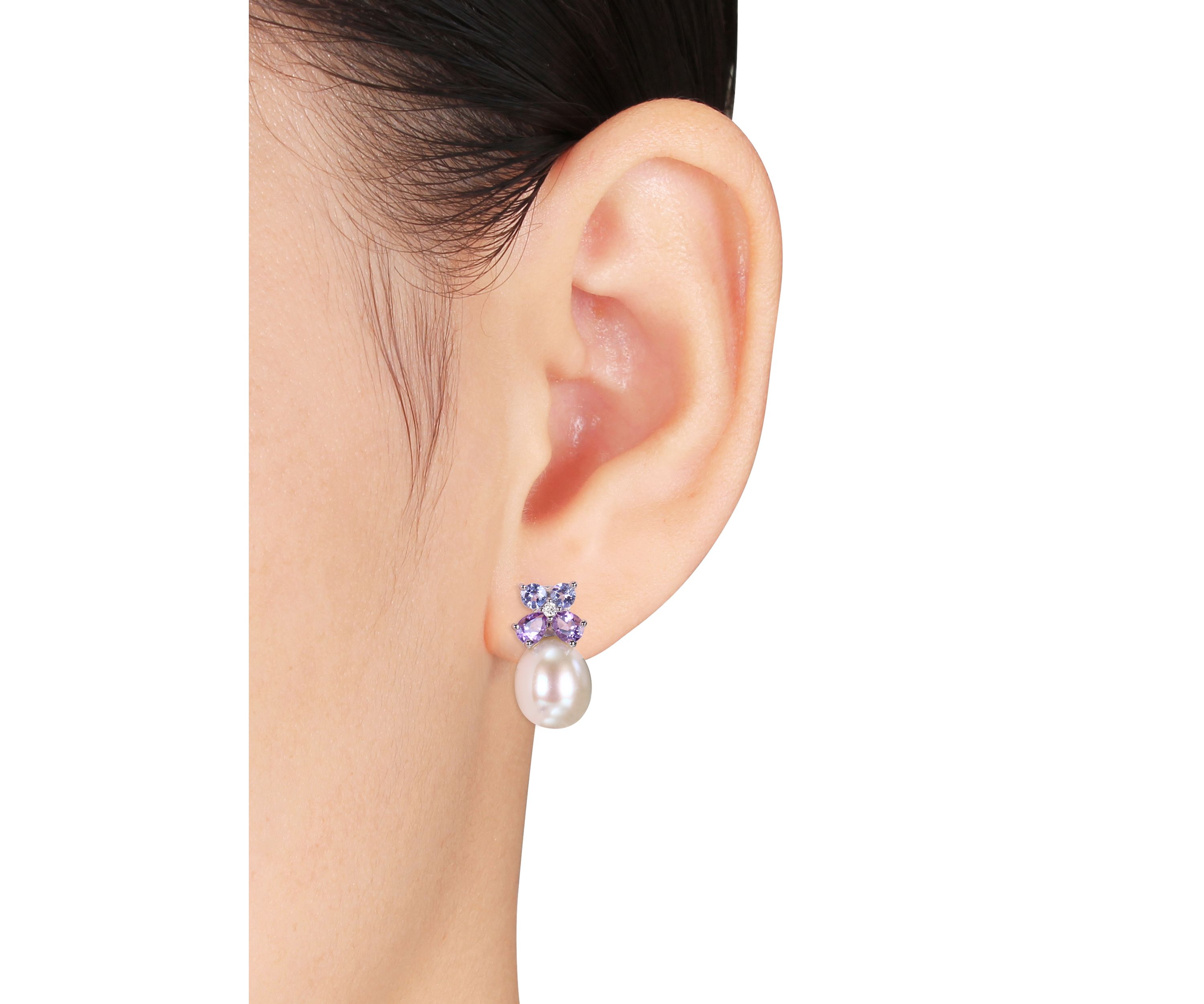 2-Piece Set Cultured Freshwater Pearl, Multi-Gemstone and Diamond Stud Earrings and Ring in Sterling Silver