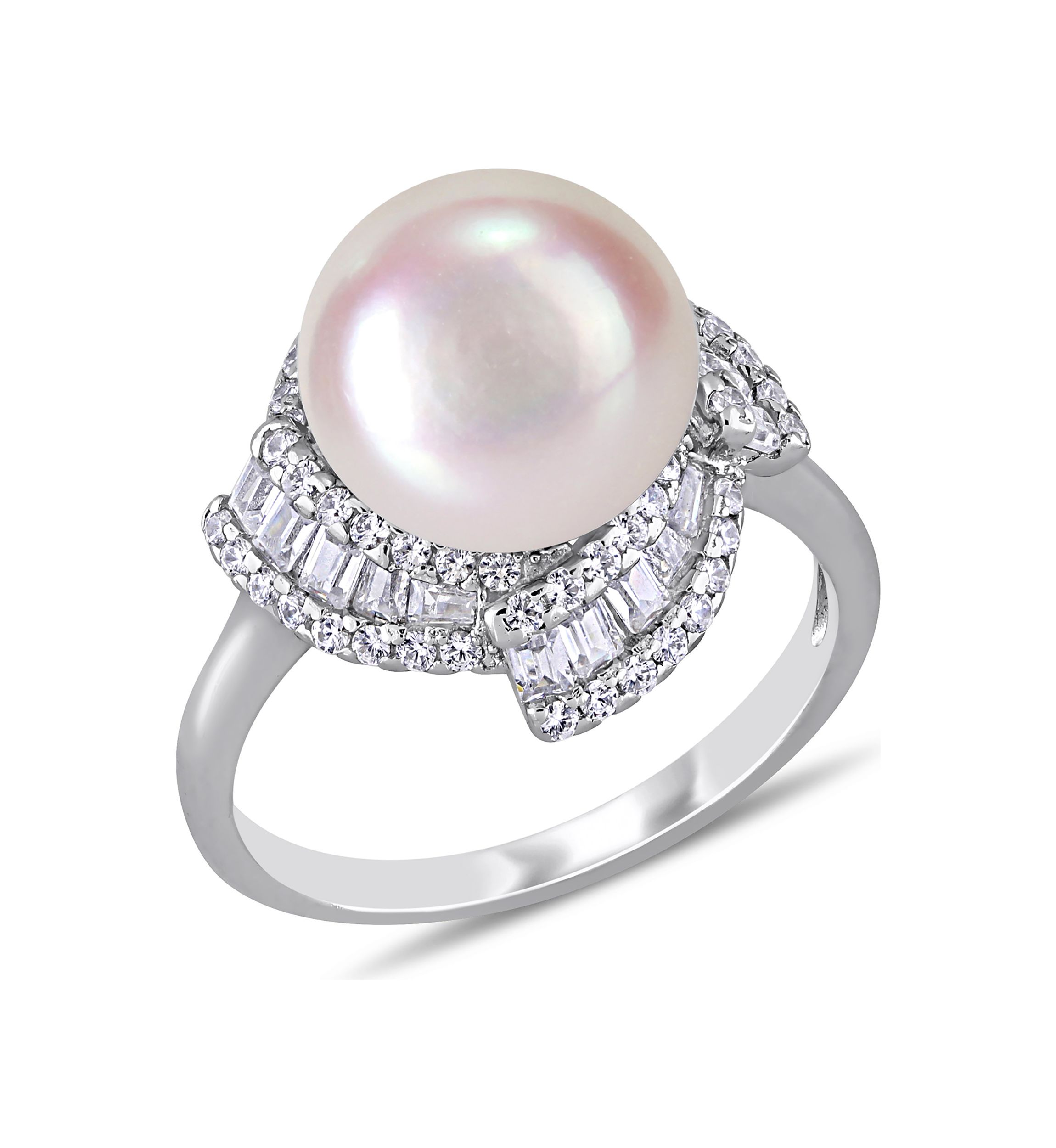 10.5-11 Millimeter Cultured Freshwater Pearl and 1.1 ct. t.w. Cubic Zirconia Geometric Ring in Sterling Silver