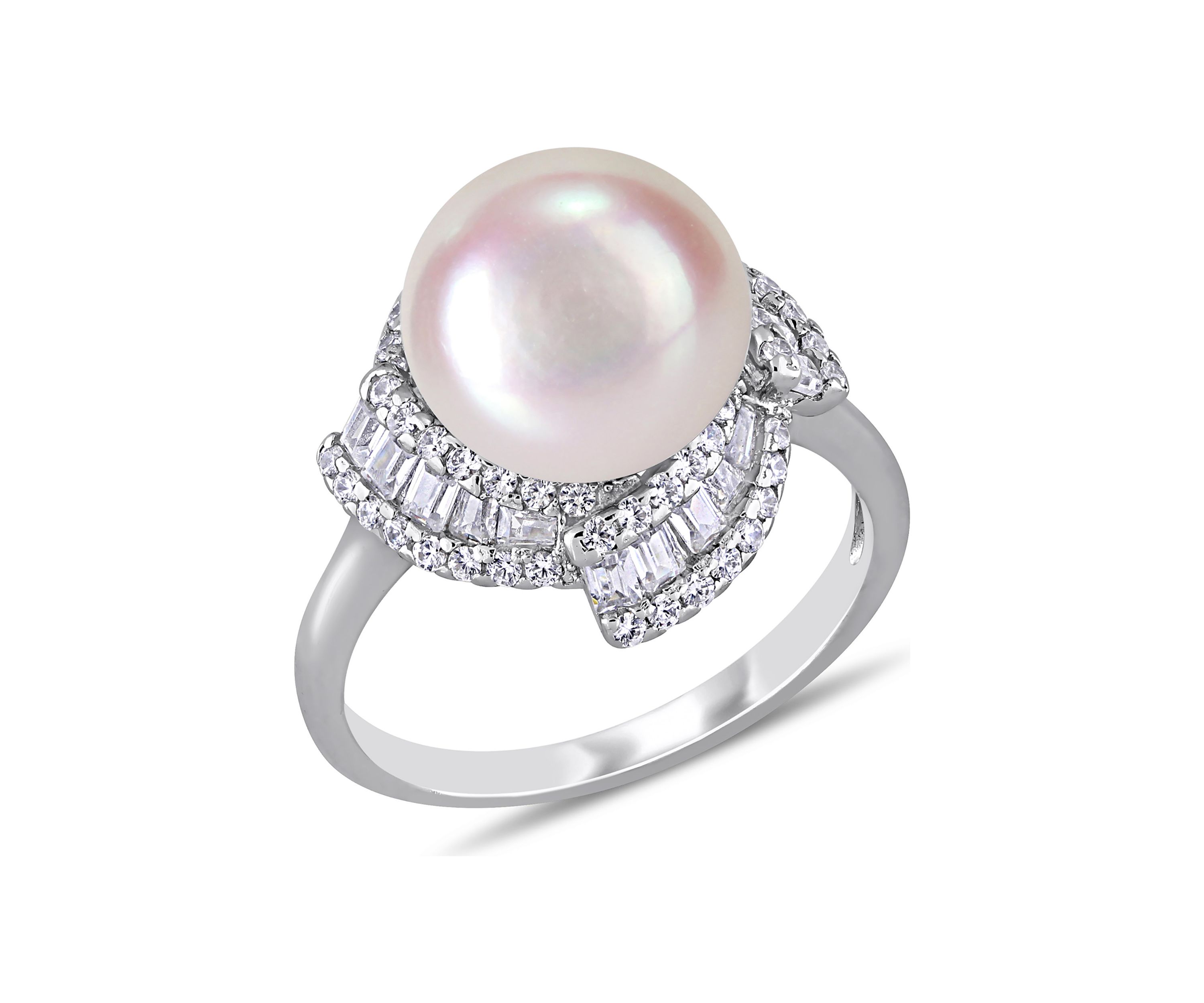 10.5-11 Millimeter Cultured Freshwater Pearl and 1.1 ct. t.w. Cubic Zirconia Geometric Ring in Sterling Silver