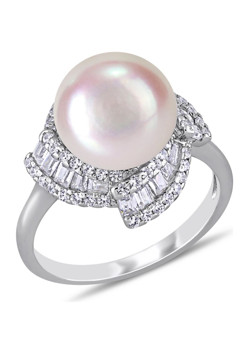 10.5-11 Millimeter Cultured Freshwater Pearl and 1.1 ct. t.w. Cubic Zirconia Geometric Ring in Sterling Silver