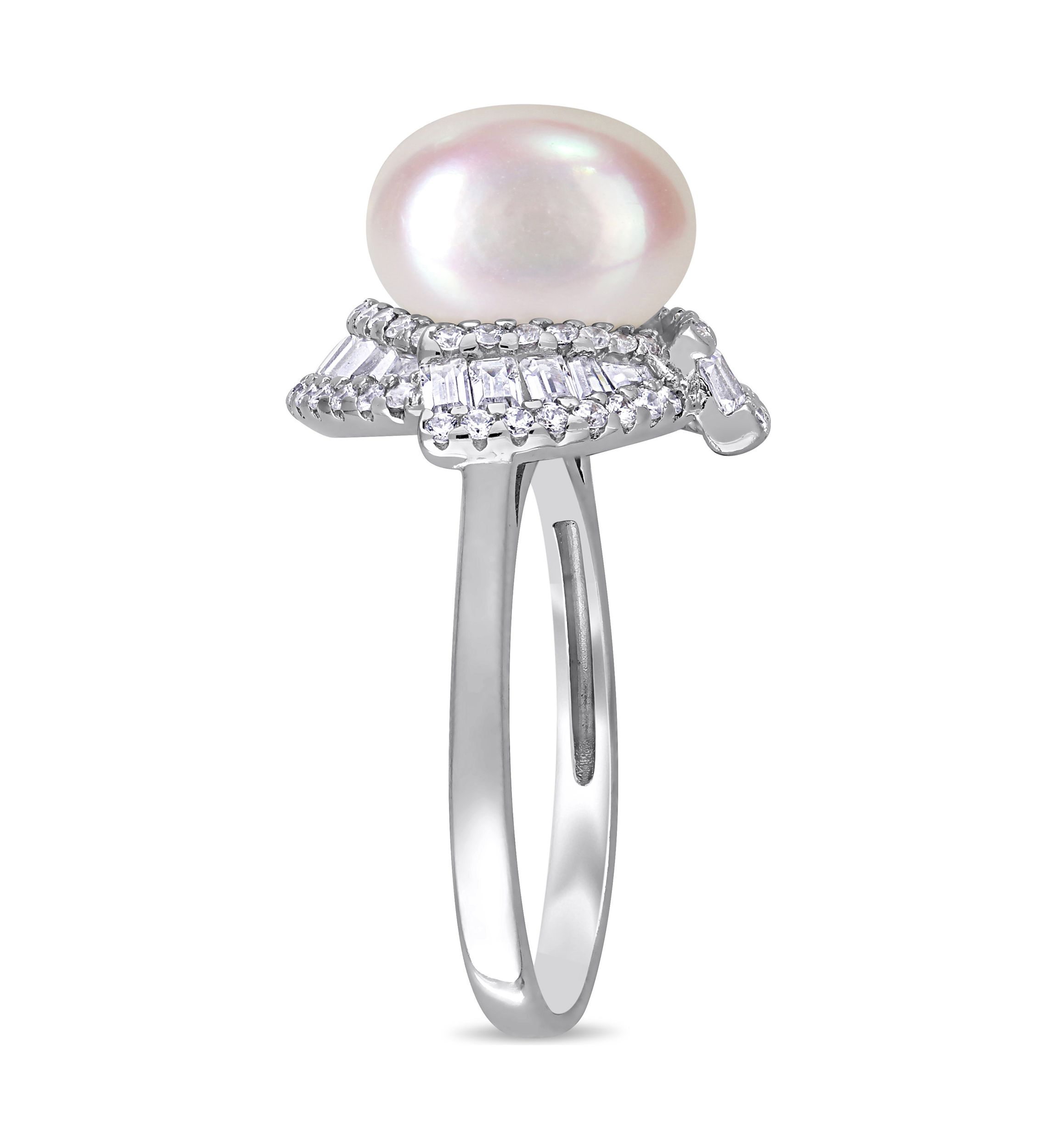 10.5-11 Millimeter Cultured Freshwater Pearl and 1.1 ct. t.w. Cubic Zirconia Geometric Ring in Sterling Silver