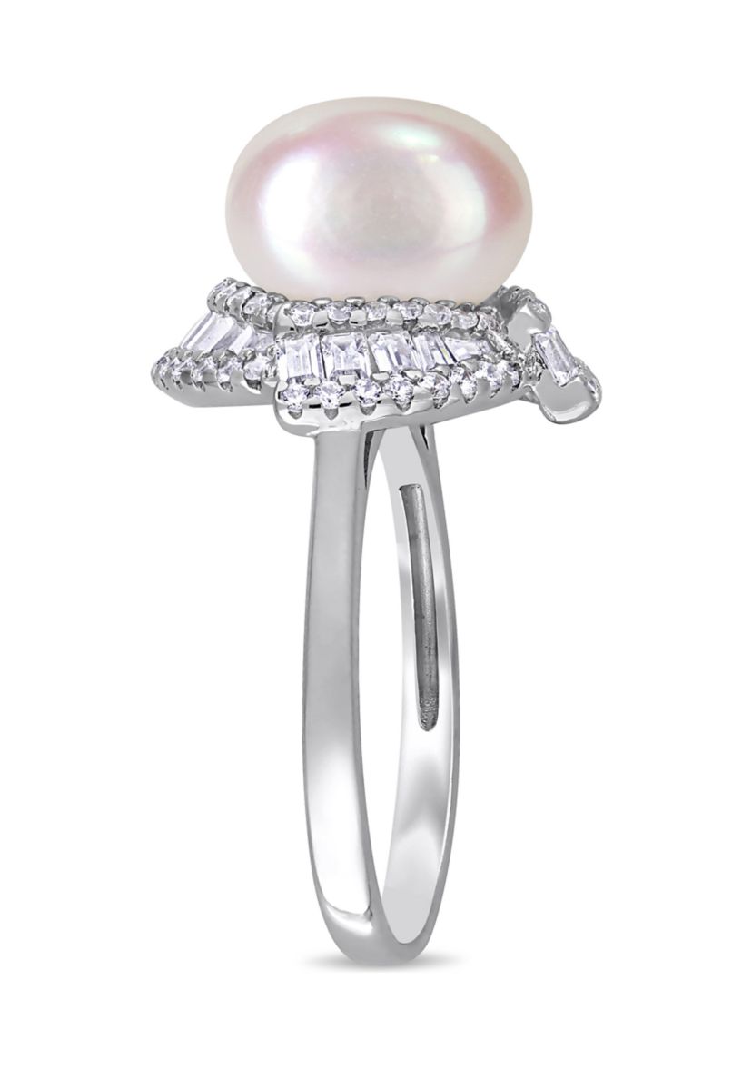 10.5-11 Millimeter Cultured Freshwater Pearl and 1.1 ct. t.w. Cubic Zirconia Geometric Ring in Sterling Silver