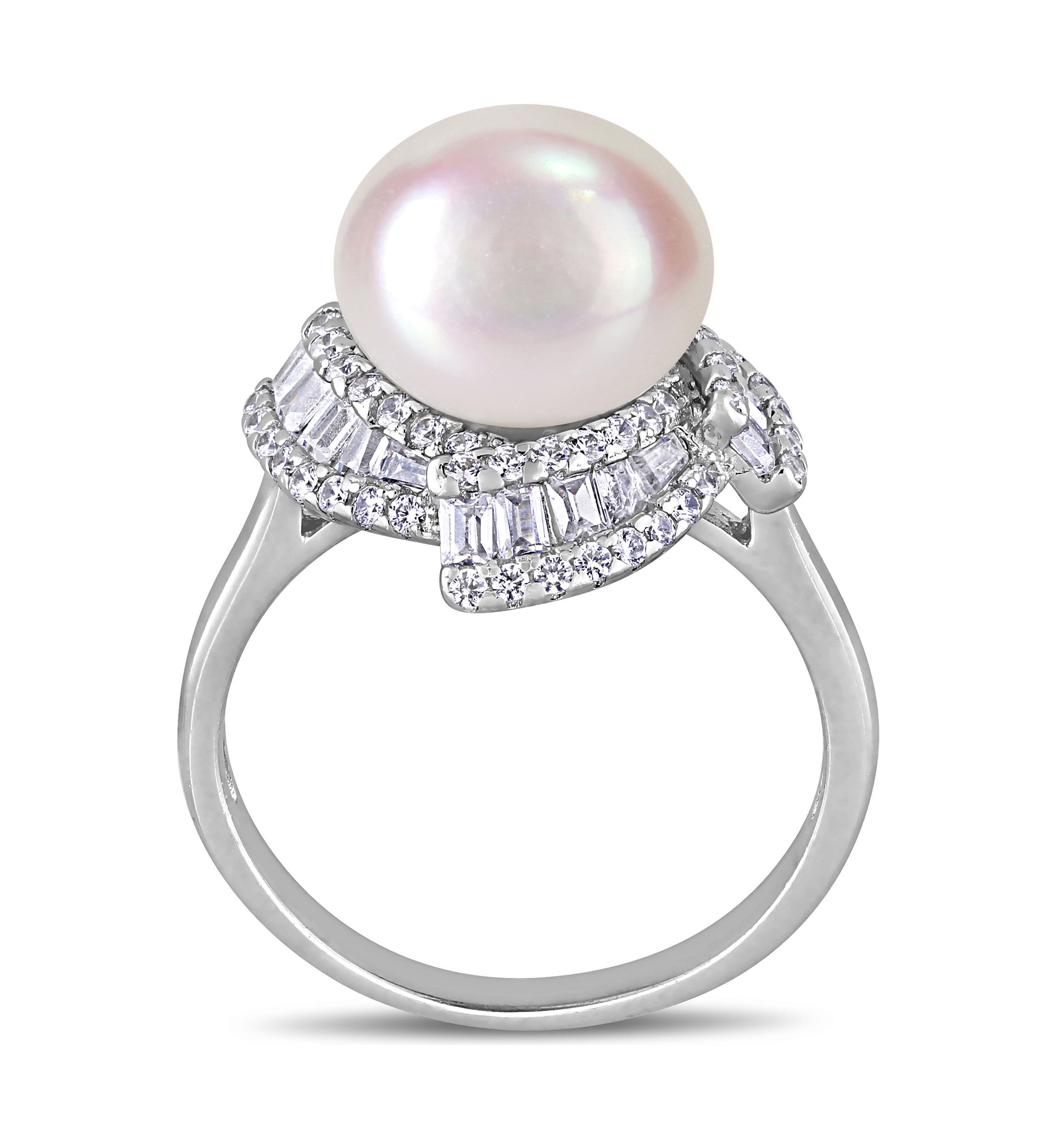 10.5-11 Millimeter Cultured Freshwater Pearl and 1.1 ct. t.w. Cubic Zirconia Geometric Ring in Sterling Silver