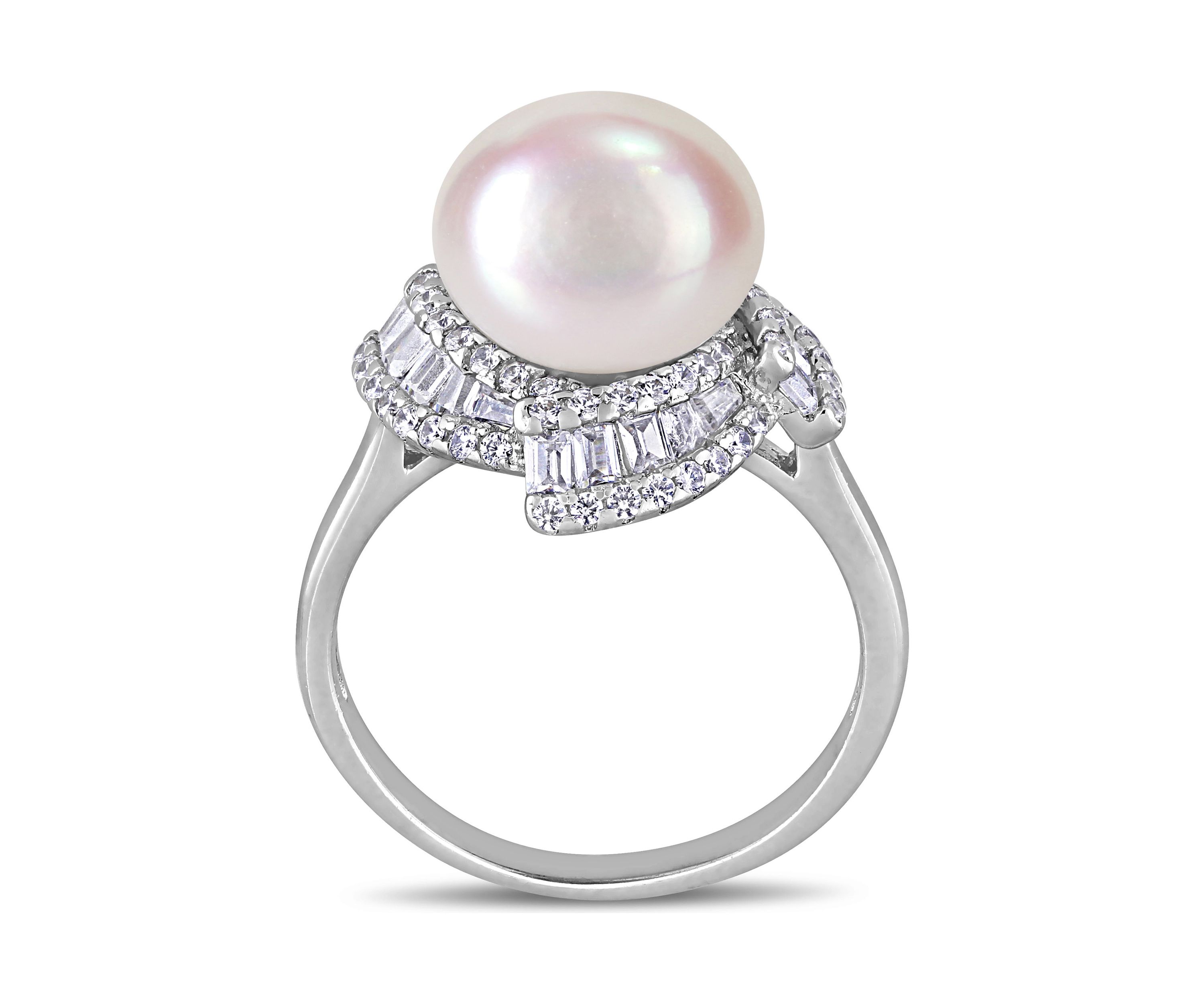 10.5-11 Millimeter Cultured Freshwater Pearl and 1.1 ct. t.w. Cubic Zirconia Geometric Ring in Sterling Silver