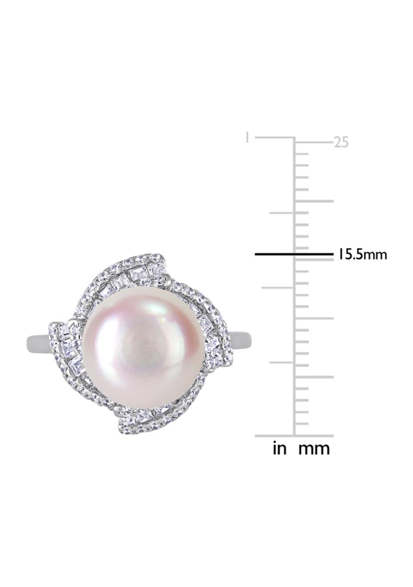 10.5-11 Millimeter Cultured Freshwater Pearl and 1.1 ct. t.w. Cubic Zirconia Geometric Ring in Sterling Silver