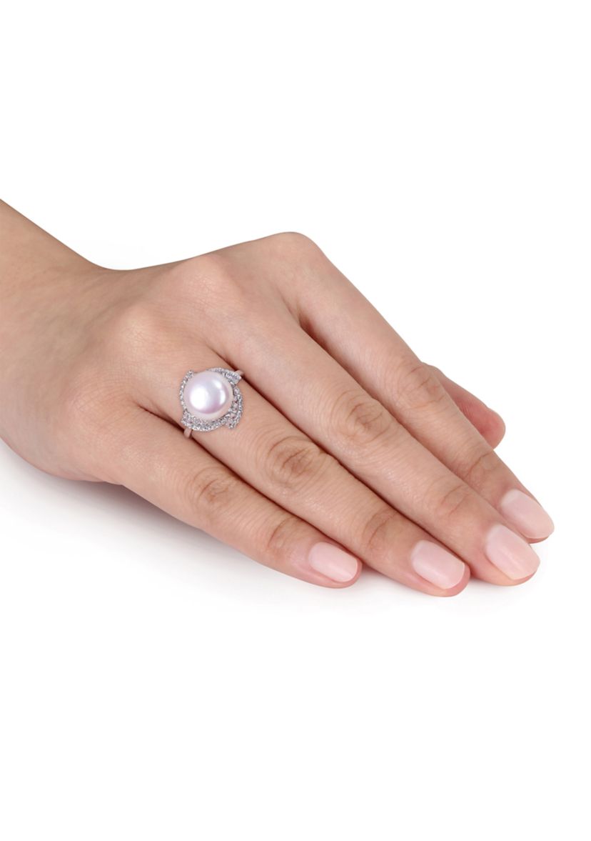 10.5-11 Millimeter Cultured Freshwater Pearl and 1.1 ct. t.w. Cubic Zirconia Geometric Ring in Sterling Silver
