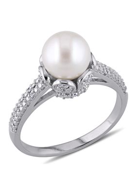 Belk & Co 8-8.5 mm Cultured Freshwater Pearl Ring with Diamonds in Sterling Silver
