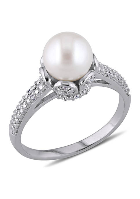 8-8.5 mm Cultured Freshwater Pearl Ring with Diamonds in Sterling Silver