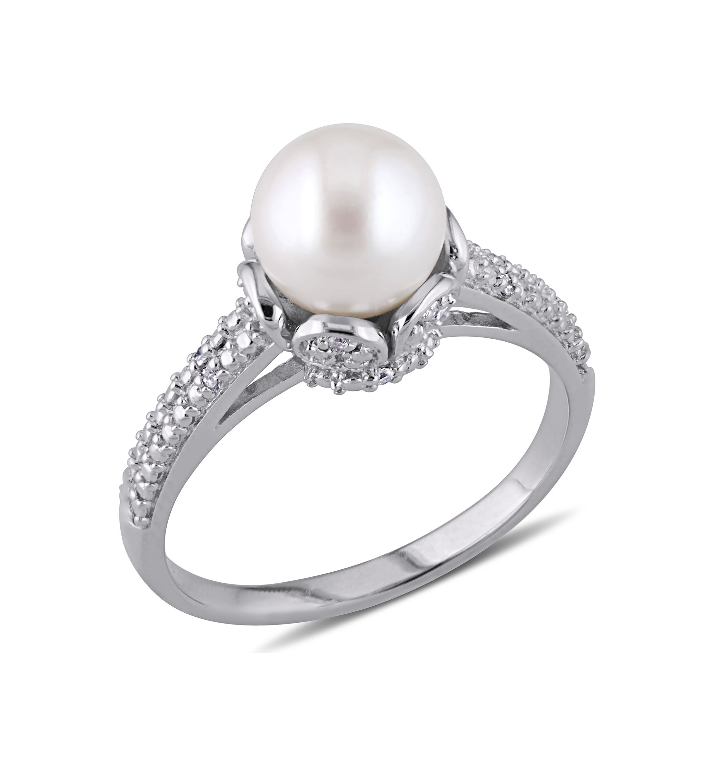 8-8.5 mm Cultured Freshwater Pearl Ring with Diamonds in Sterling Silver