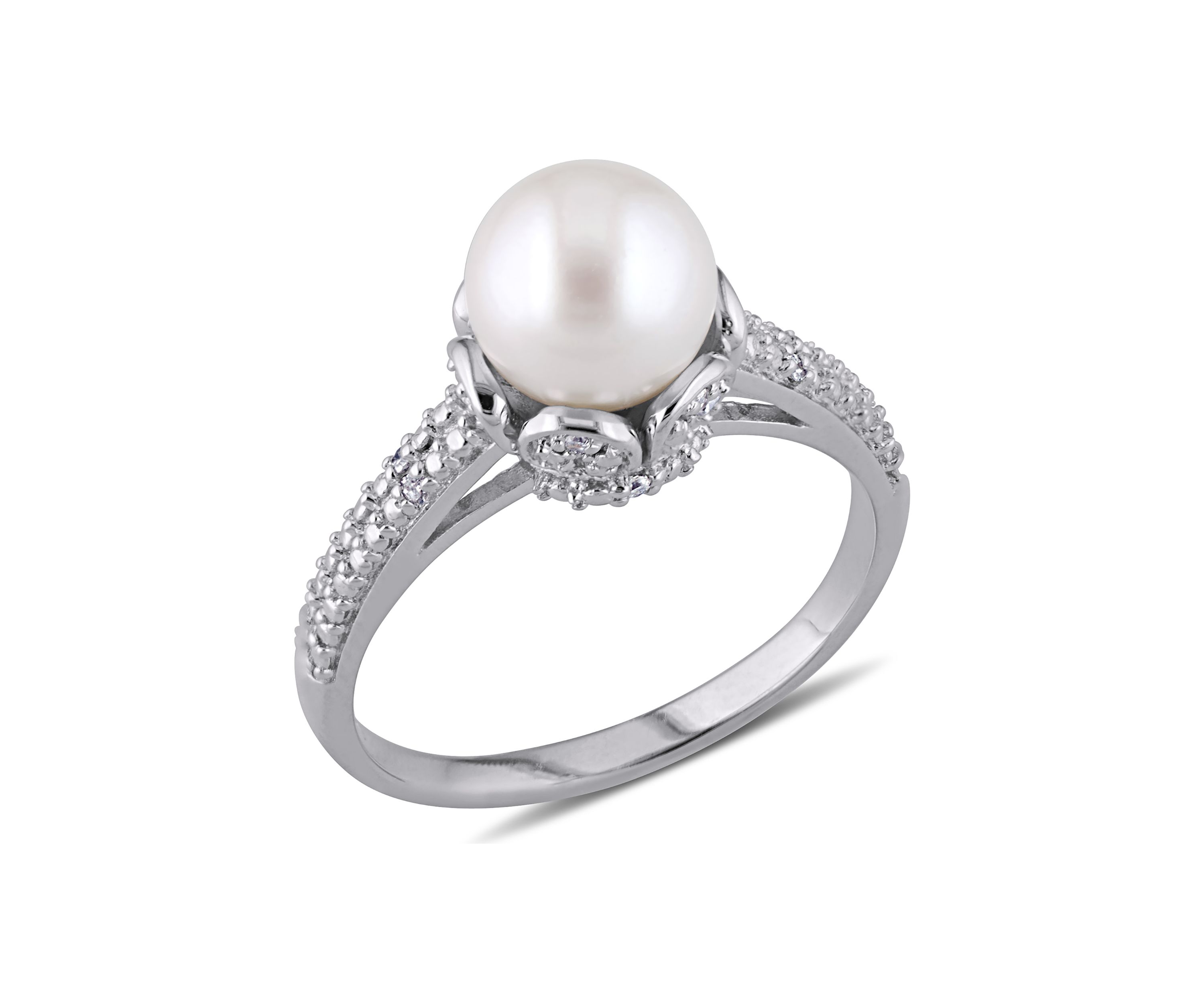 8-8.5 mm Cultured Freshwater Pearl Ring with Diamonds in Sterling Silver