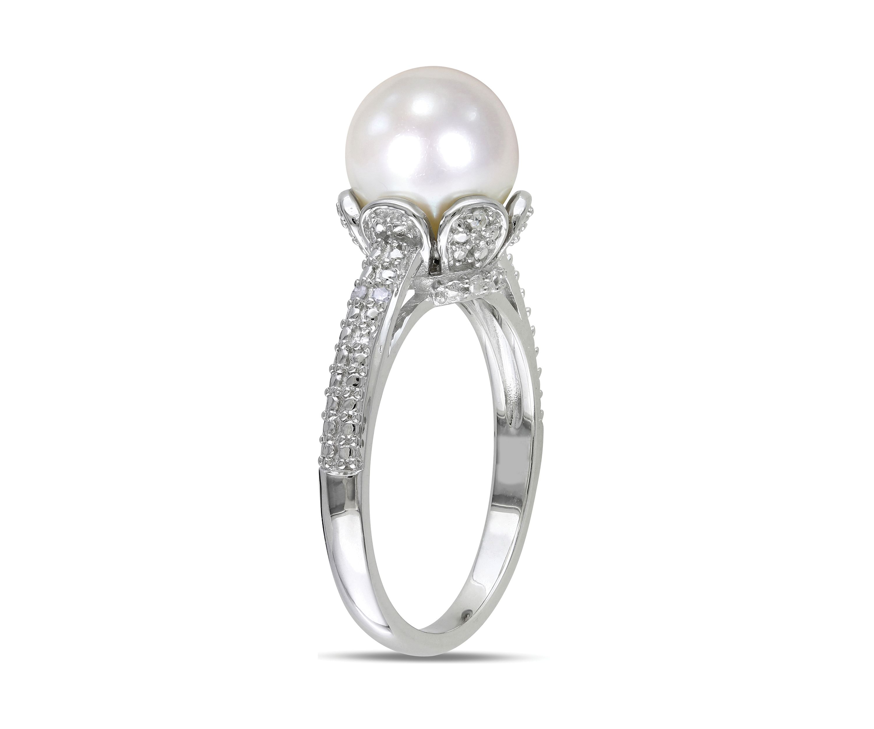 8-8.5 mm Cultured Freshwater Pearl Ring with Diamonds in Sterling Silver