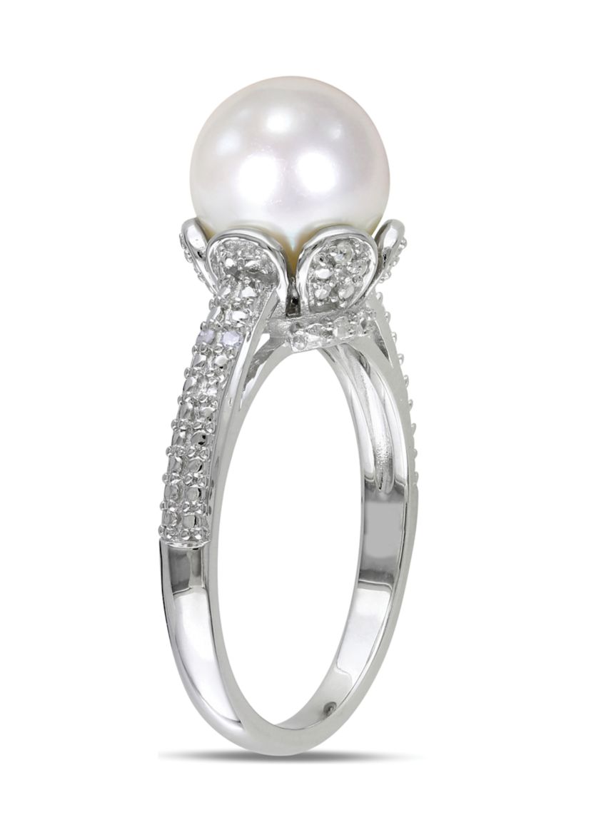 8-8.5 mm Cultured Freshwater Pearl Ring with Diamonds in Sterling Silver