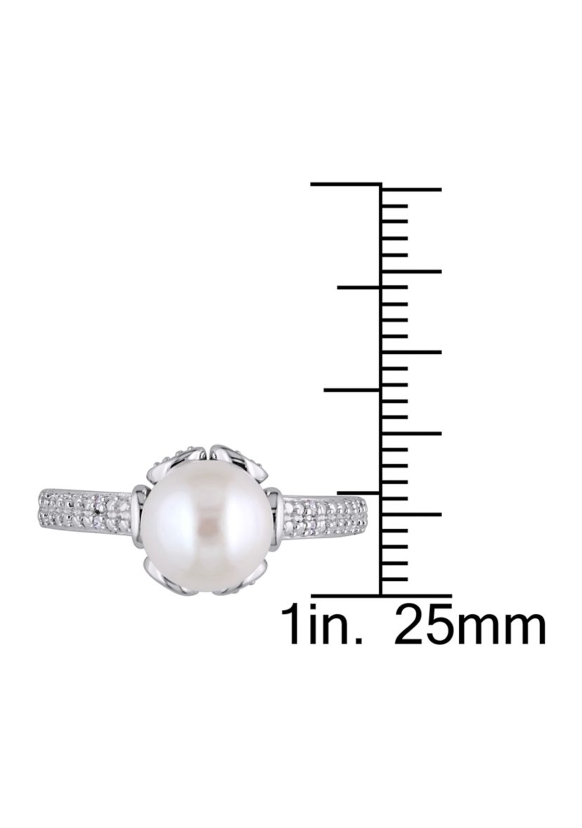 8-8.5 mm Cultured Freshwater Pearl Ring with Diamonds in Sterling Silver