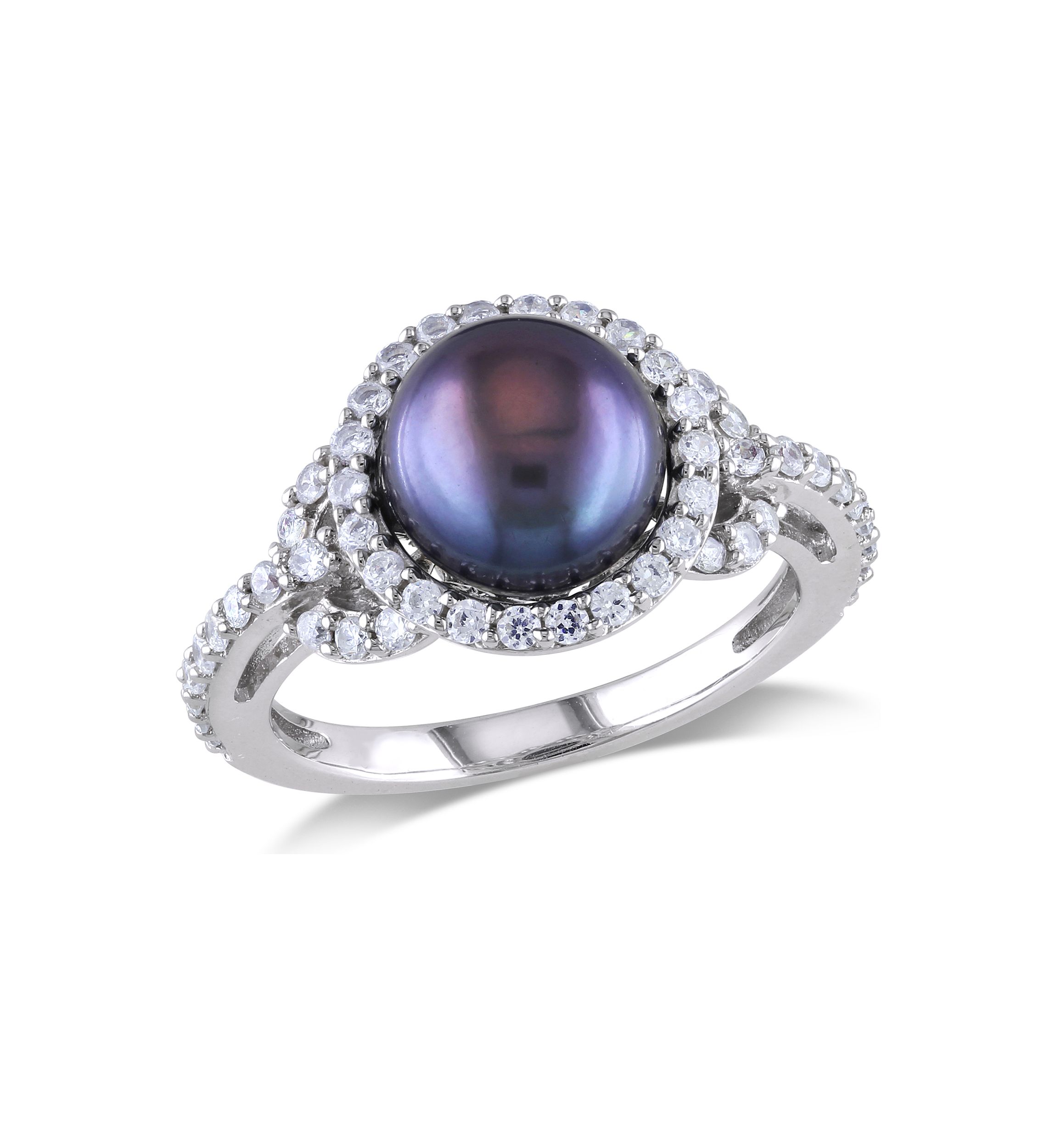 8.5-9 MM Black Cultured Freshwater Pearl and Cubic Zirconia Ring in Sterling Silver
