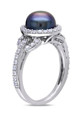 8.5-9 MM Black Cultured Freshwater Pearl and Cubic Zirconia Ring Sterling Silver