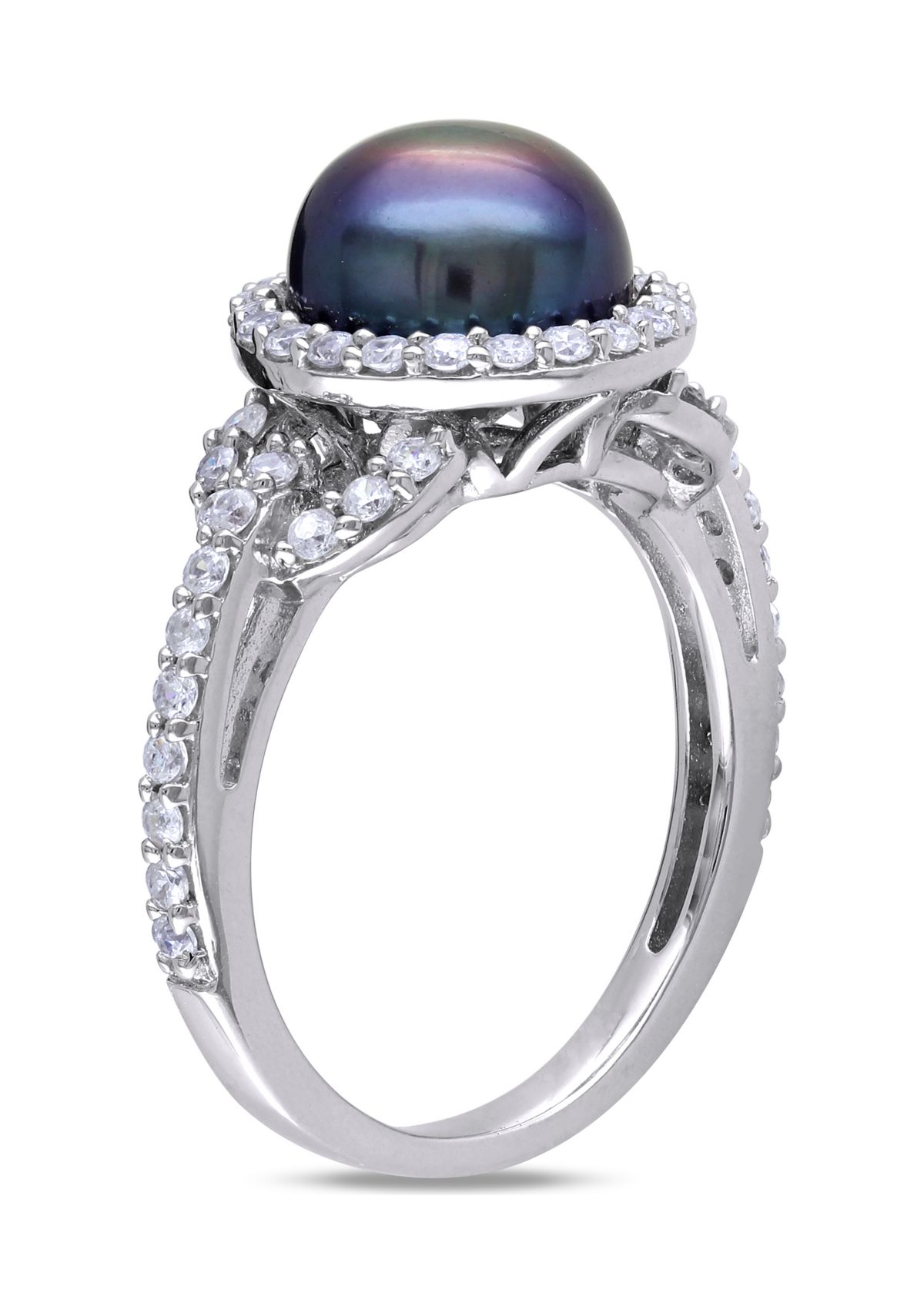 8.5-9 MM Black Cultured Freshwater Pearl and Cubic Zirconia Ring in Sterling Silver