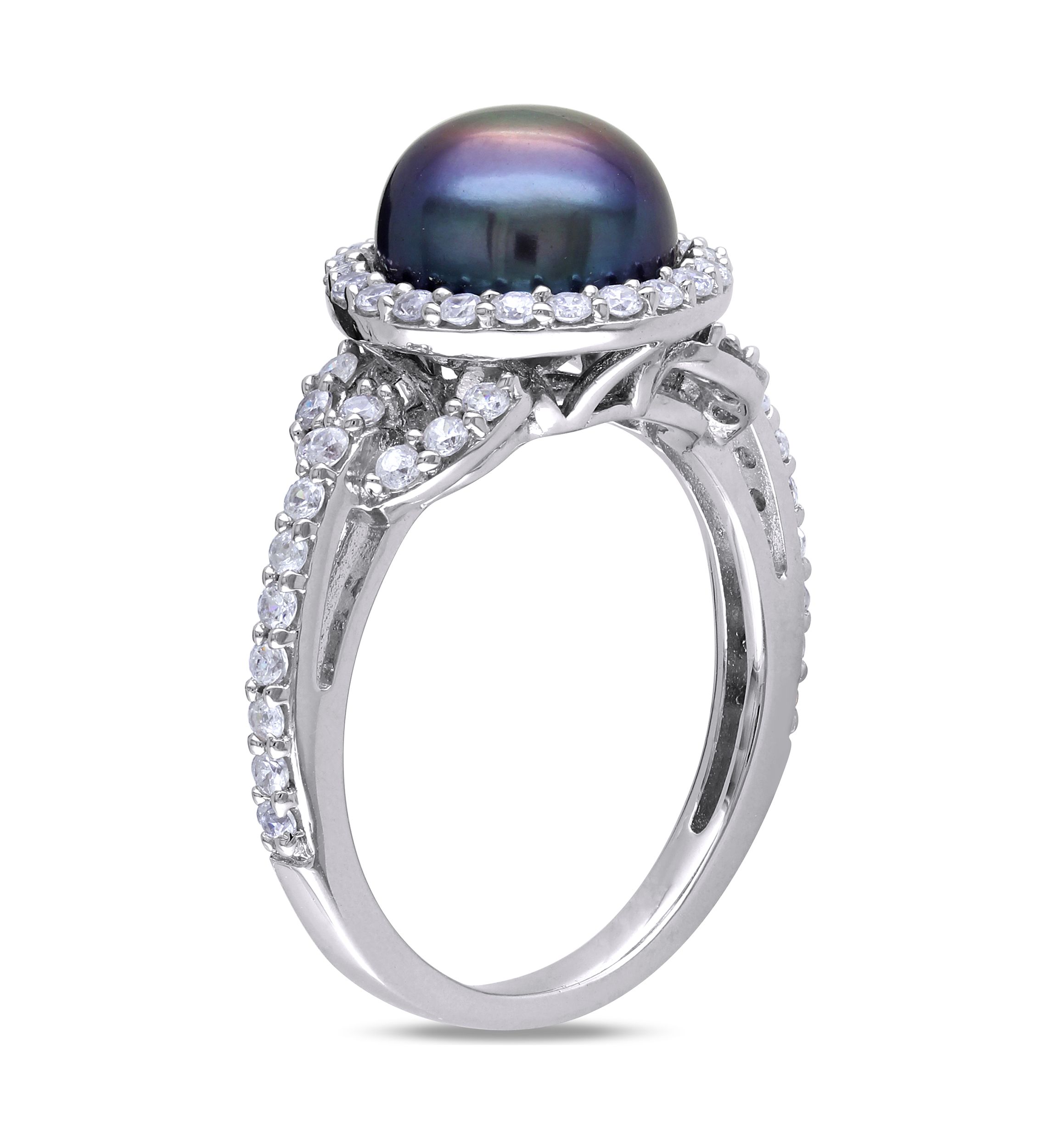 8.5-9 MM Black Cultured Freshwater Pearl and Cubic Zirconia Ring in Sterling Silver