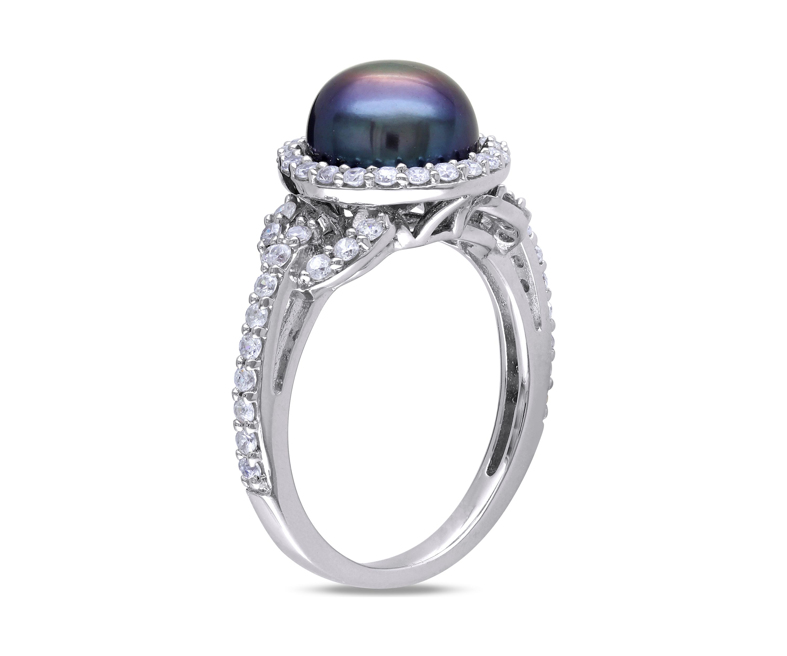 8.5-9 MM Black Cultured Freshwater Pearl and Cubic Zirconia Ring in Sterling Silver