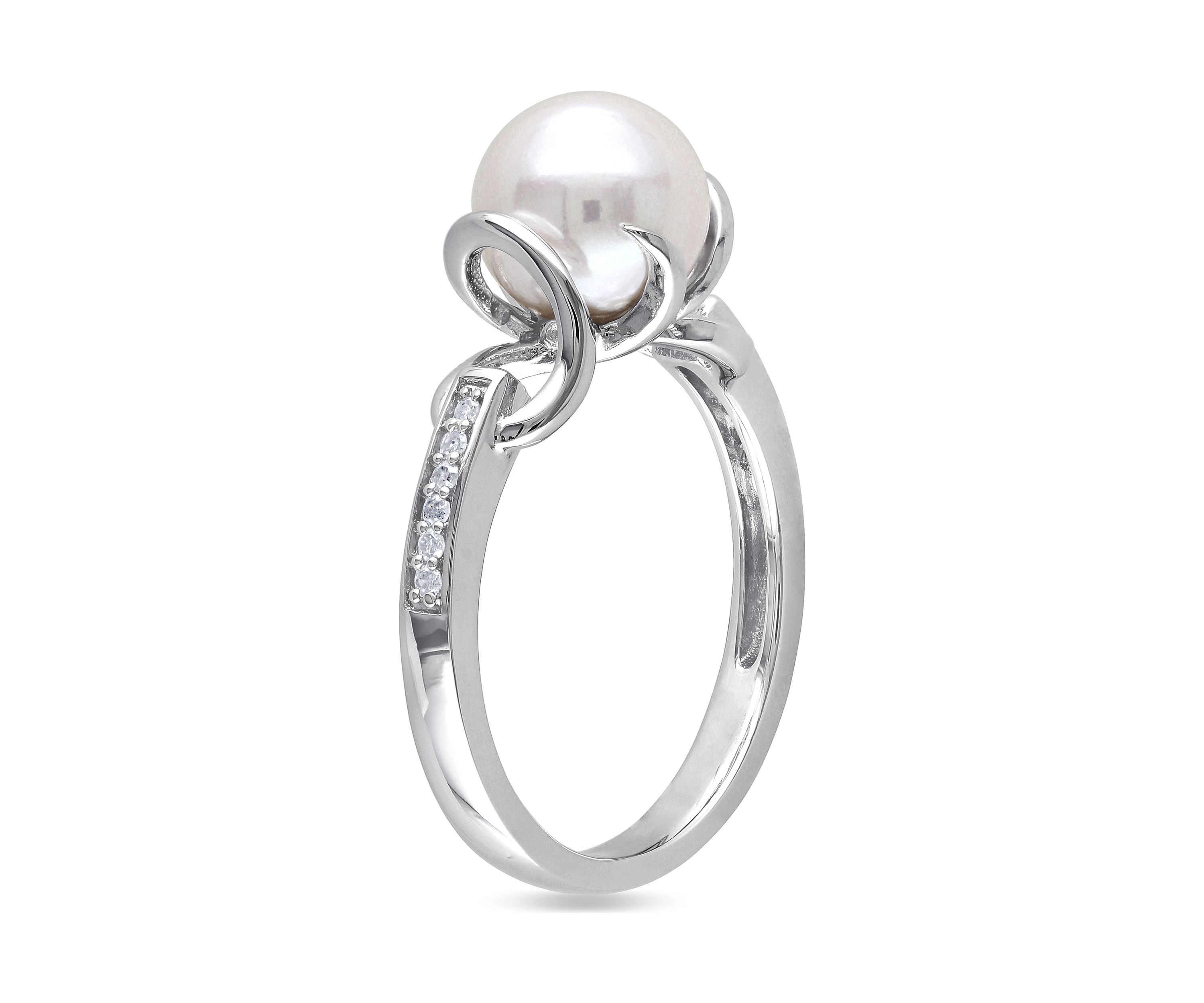 8-8.5 MM Cultured Freshwater Pearl and Diamond Twist Ring in Sterling Silver