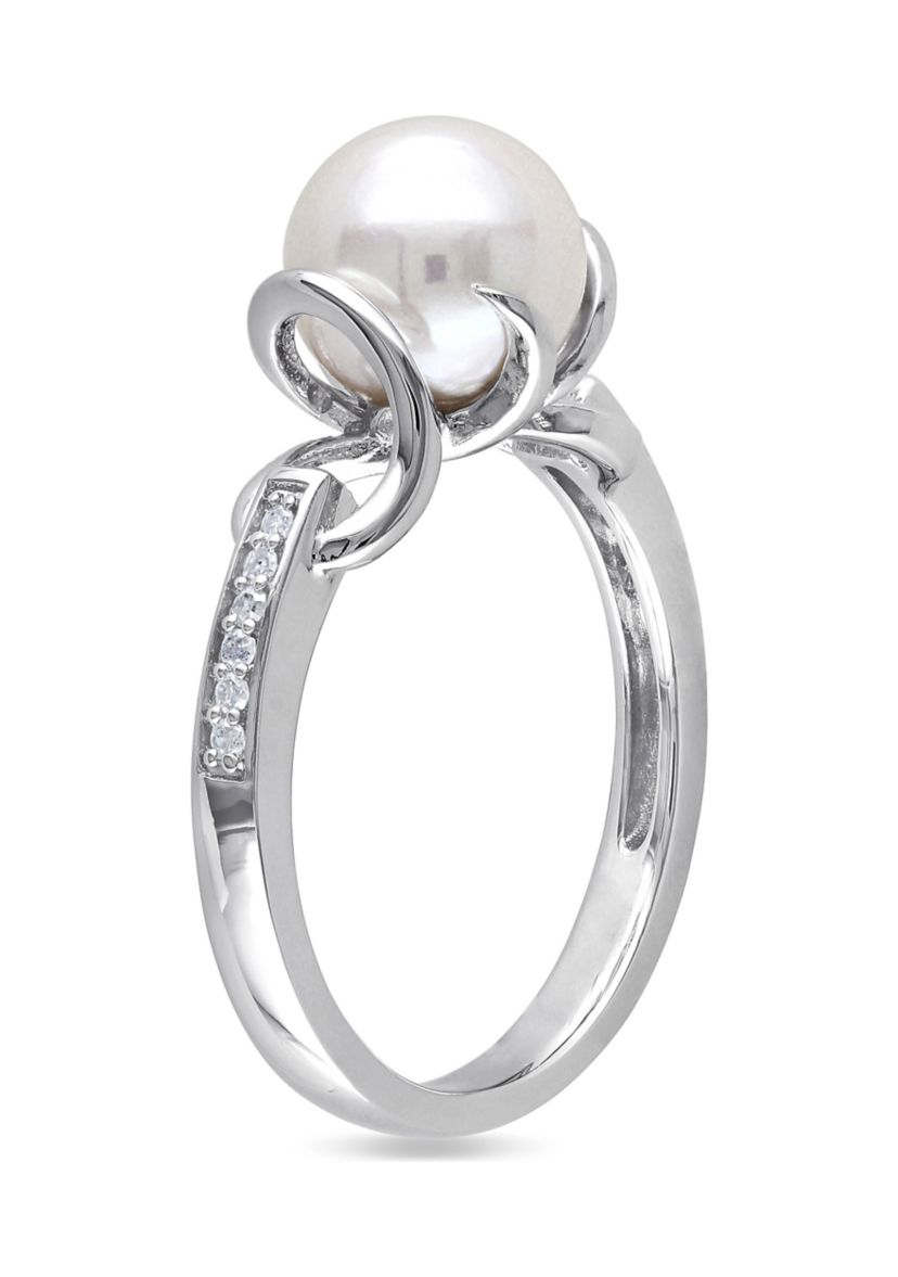 8-8.5 MM Cultured Freshwater Pearl and Diamond Twist Ring in Sterling Silver