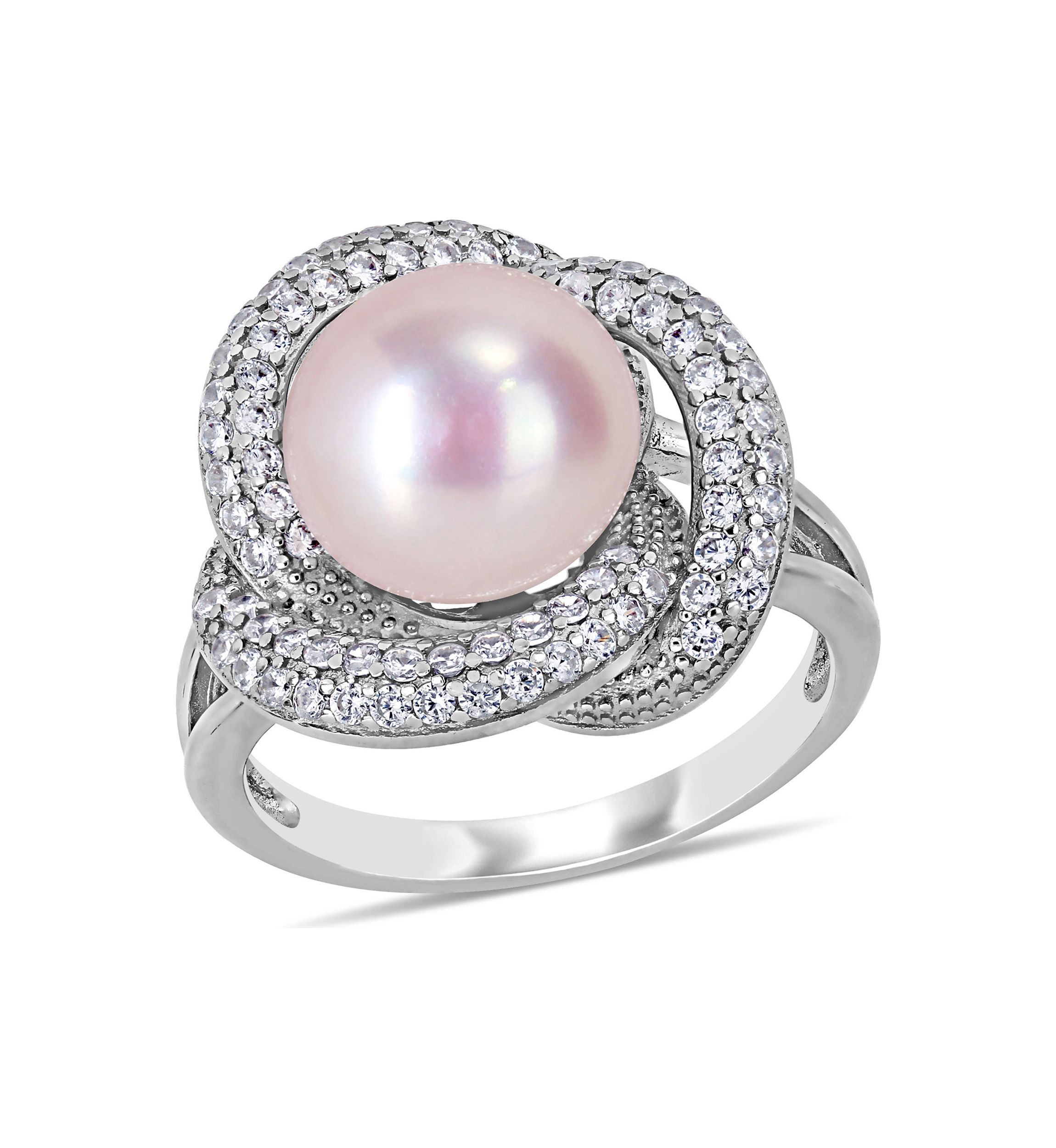 10.5 -11 MM Pink Cultured Freshwater Pearl and Cubic Zirconia Interlaced Halo Ring in Sterling Silver