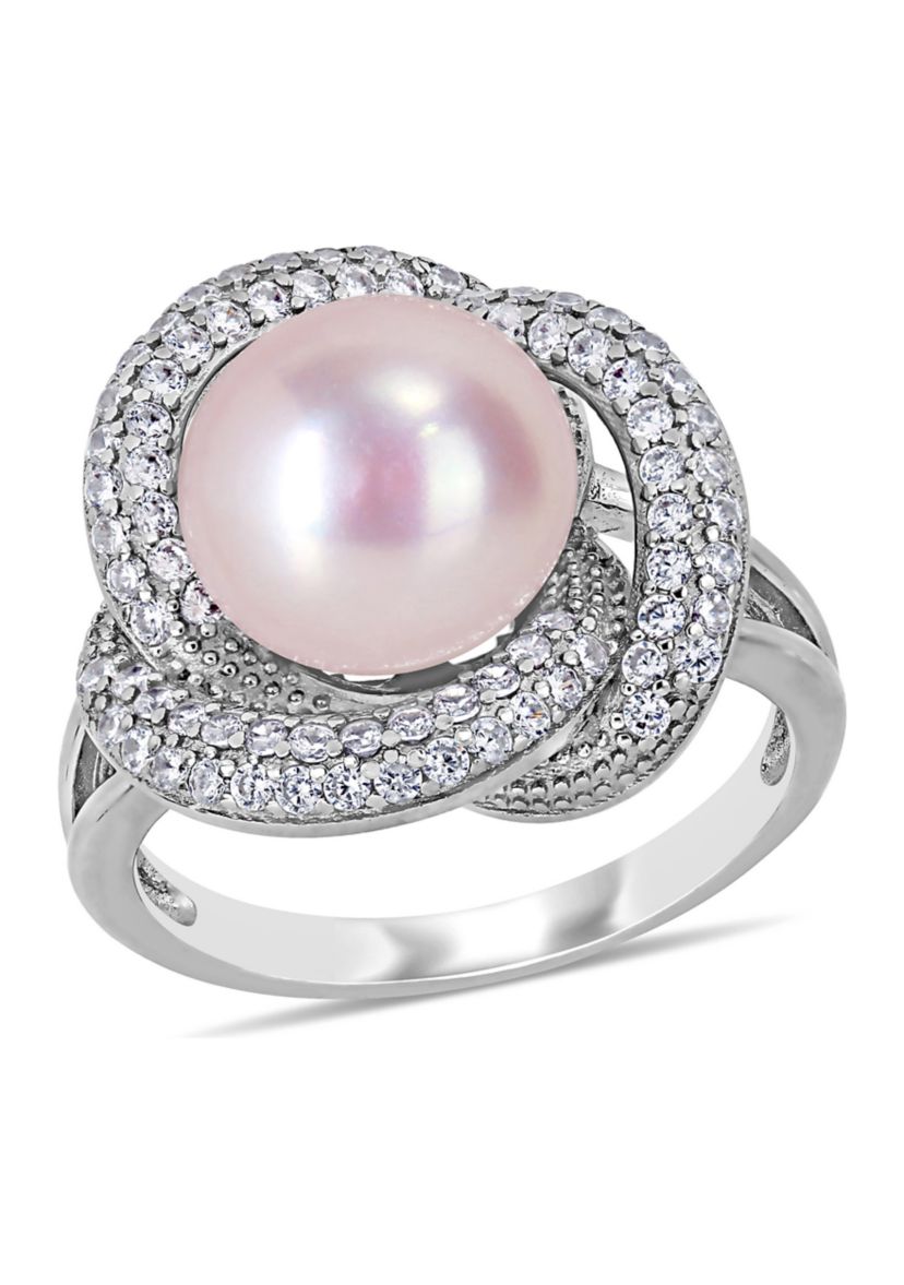 10.5 -11 MM Pink Cultured Freshwater Pearl and Cubic Zirconia Interlaced Halo Ring in Sterling Silver