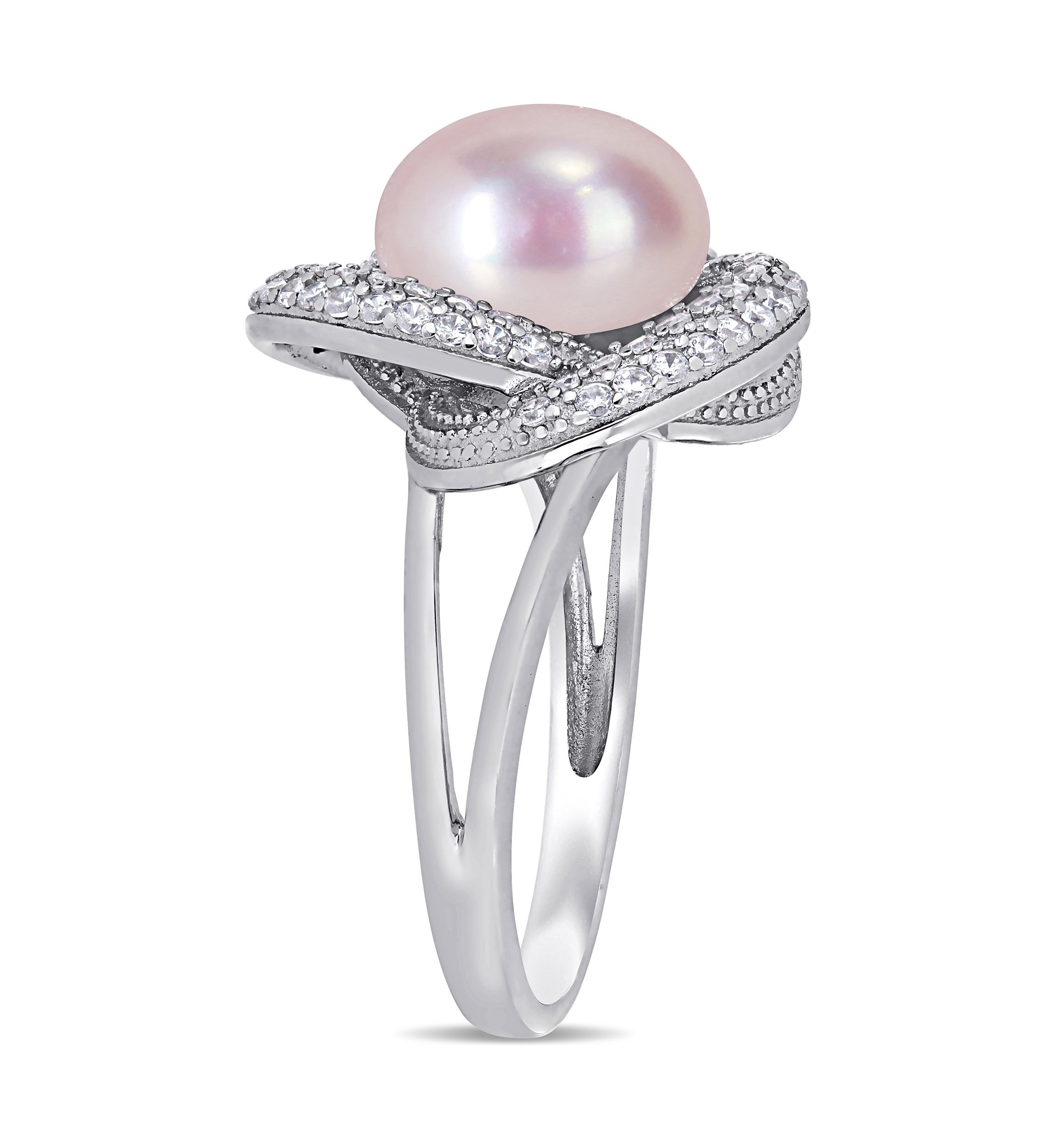 10.5 -11 MM Pink Cultured Freshwater Pearl and Cubic Zirconia Interlaced Halo Ring in Sterling Silver