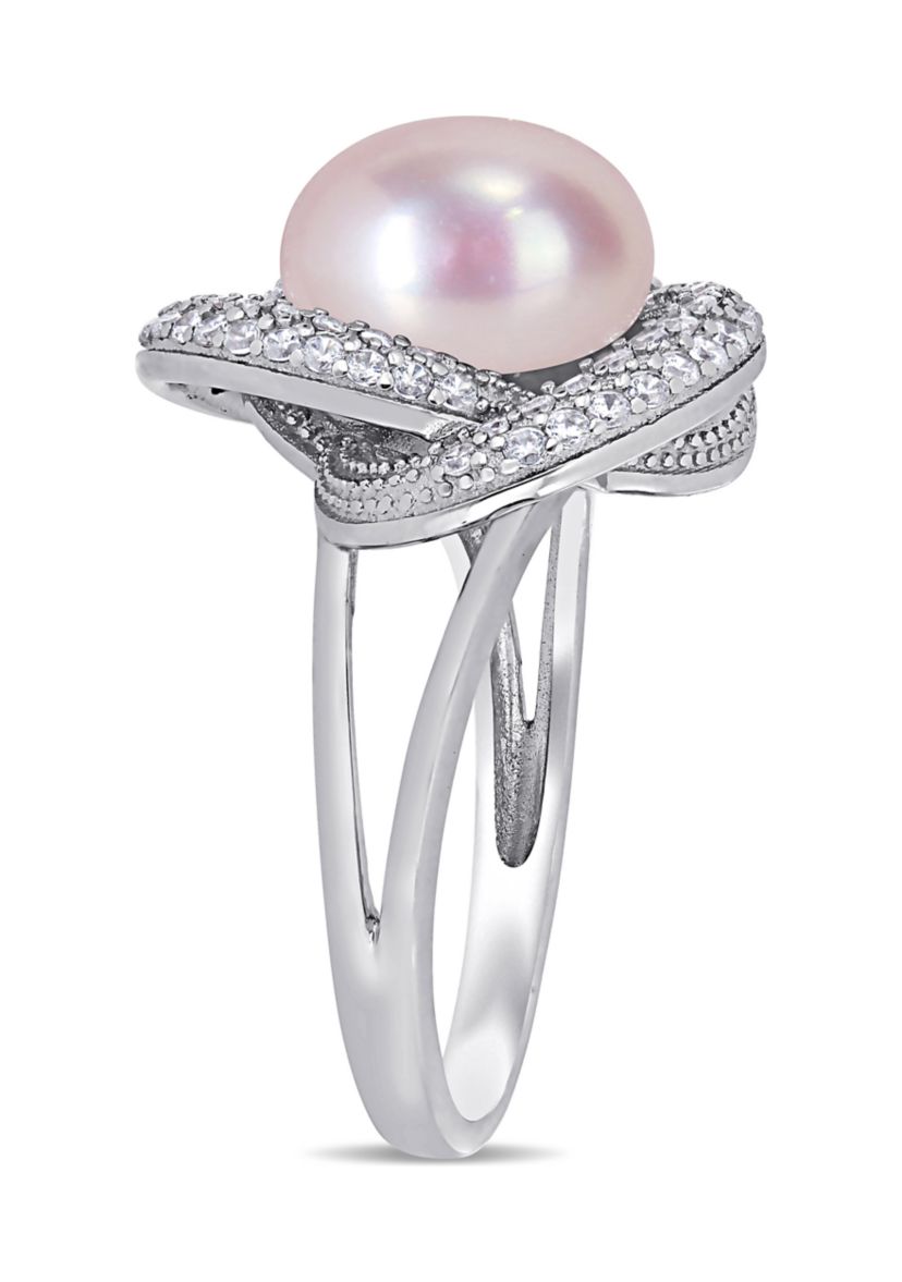 10.5 -11 MM Pink Cultured Freshwater Pearl and Cubic Zirconia Interlaced Halo Ring in Sterling Silver