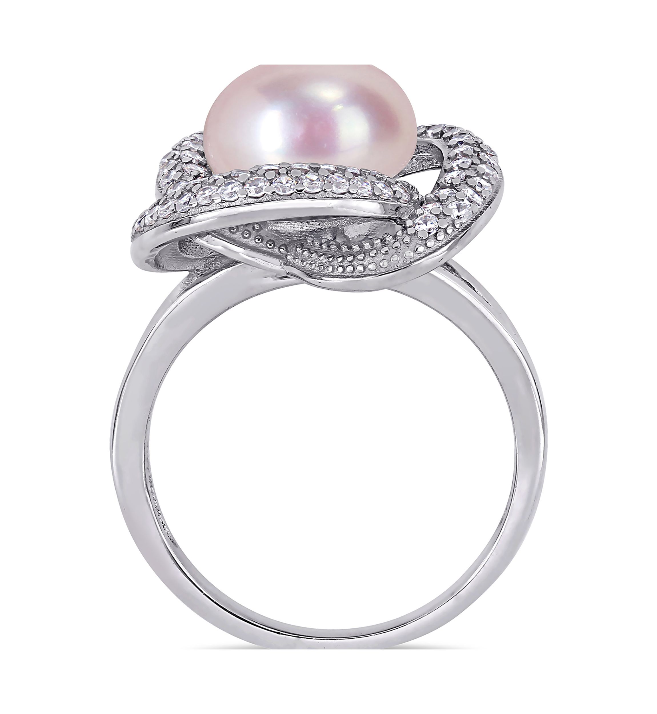 10.5 -11 MM Pink Cultured Freshwater Pearl and Cubic Zirconia Interlaced Halo Ring in Sterling Silver