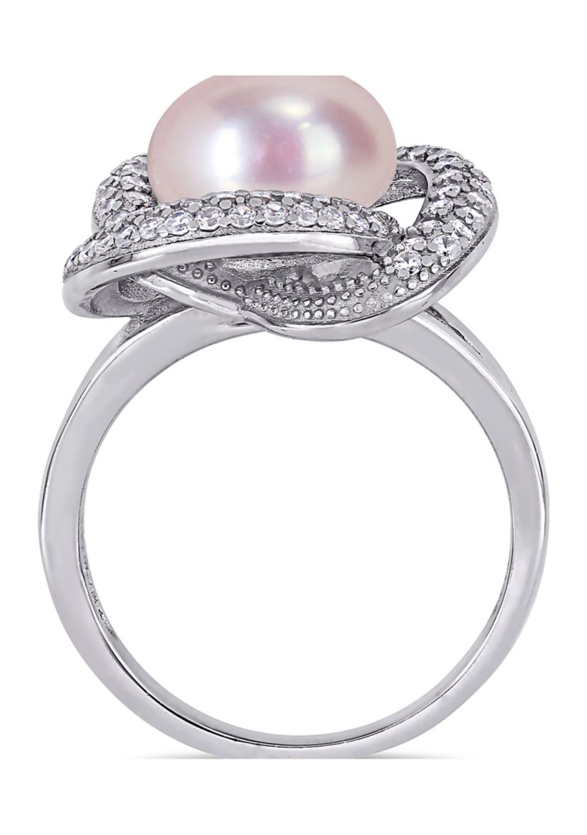 10.5 -11 MM Pink Cultured Freshwater Pearl and Cubic Zirconia Interlaced Halo Ring in Sterling Silver