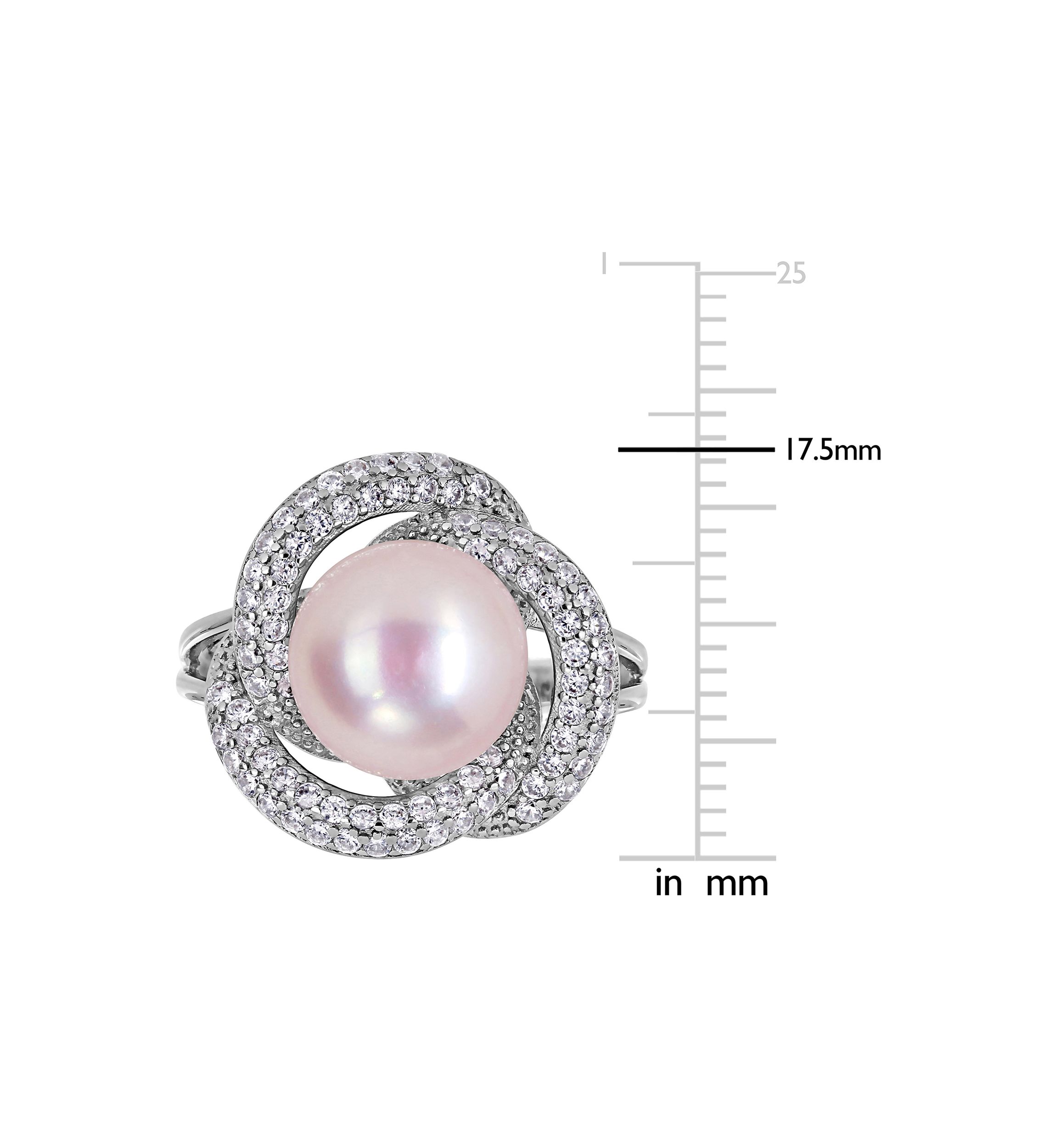 10.5 -11 MM Pink Cultured Freshwater Pearl and Cubic Zirconia Interlaced Halo Ring in Sterling Silver