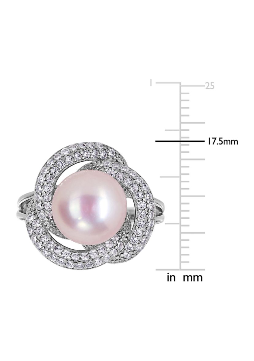 10.5 -11 MM Pink Cultured Freshwater Pearl and Cubic Zirconia Interlaced Halo Ring in Sterling Silver