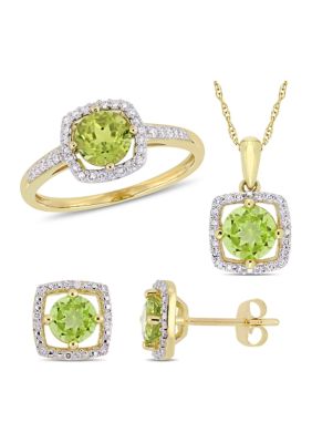 Belk & Co 3-Piece Set 2.87 ct. t.w. Peridot and 1/3 ct. t.w. Diamond Square Halo Necklace, Earrings and Ring in 10K Yellow Gold, 6