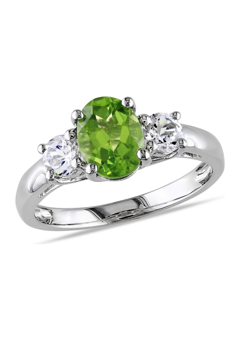 Oval Peridot and Created White Sapphire 3-Stone Ring in Sterling Silver