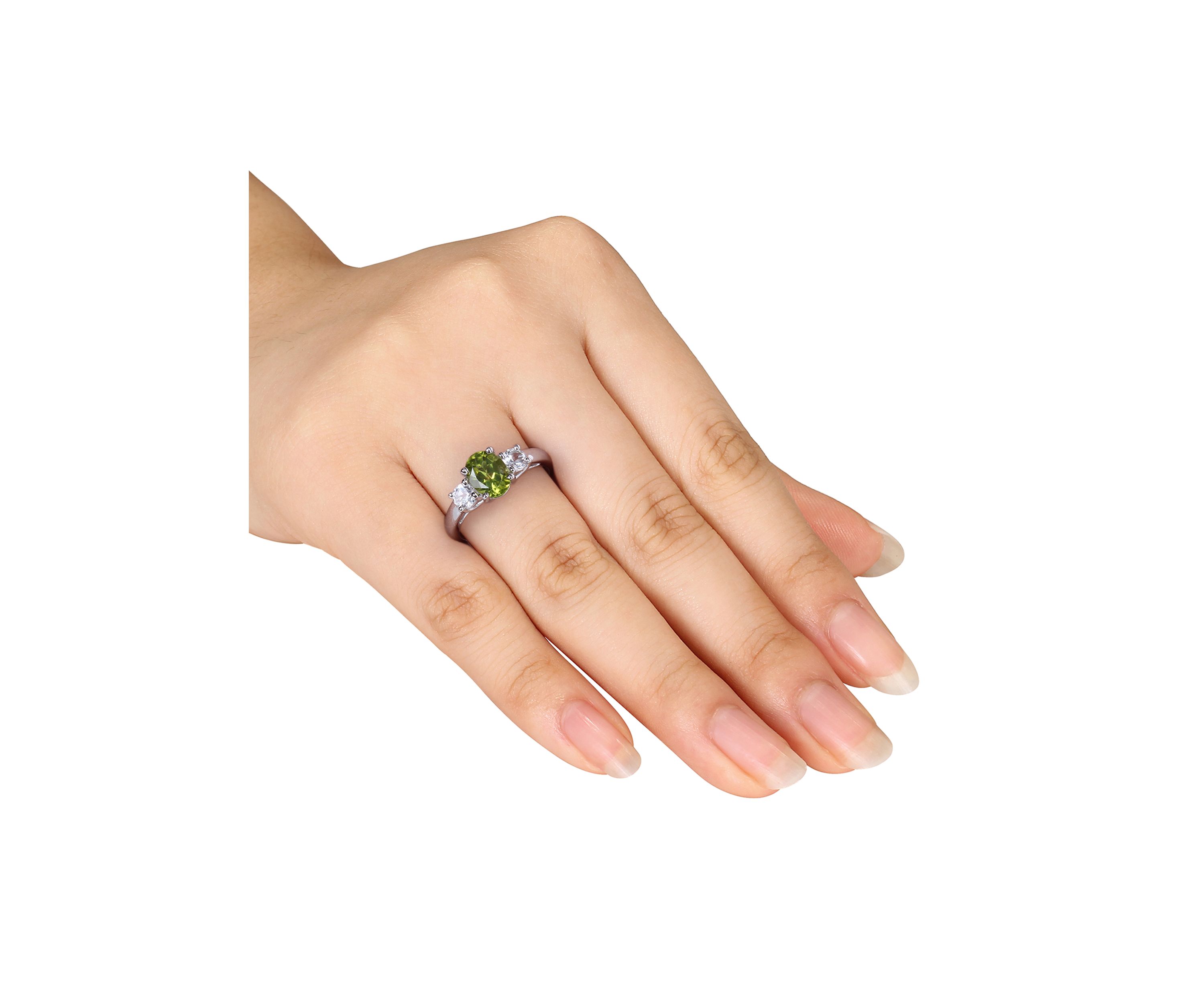 Oval Peridot and Created White Sapphire 3-Stone Ring in Sterling Silver