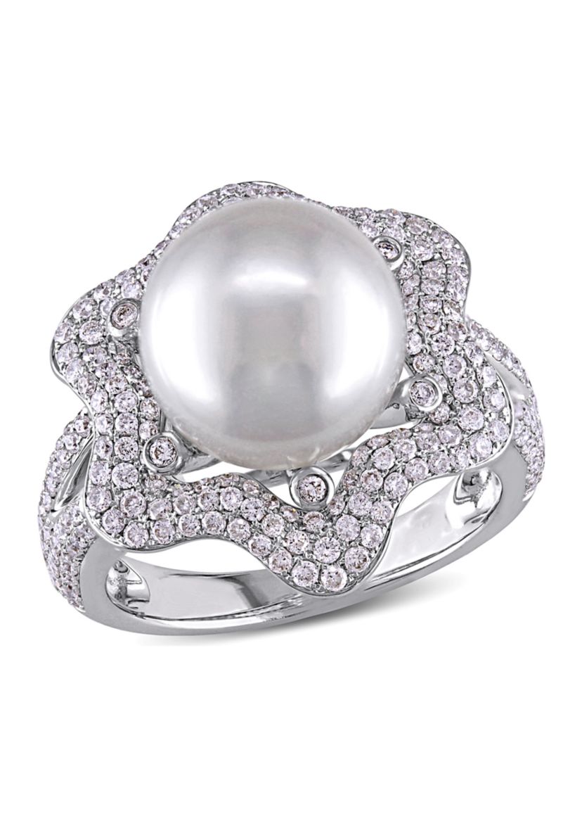 10 Millimeter South Sea Cultured Pearl and 1 ct. t.w. Diamond Cocktail Ring in 14k White Gold