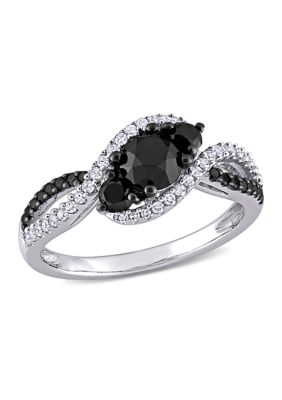 Belk & Co 1 Ct. T.w. Black And White Diamond 3-Stone Crossover Engagement Ring In 10K White Gold