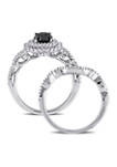 1.5 ct. t.w. Black and White Diamond Double Halo Twist Bridal Ring Set in 10k White Gold