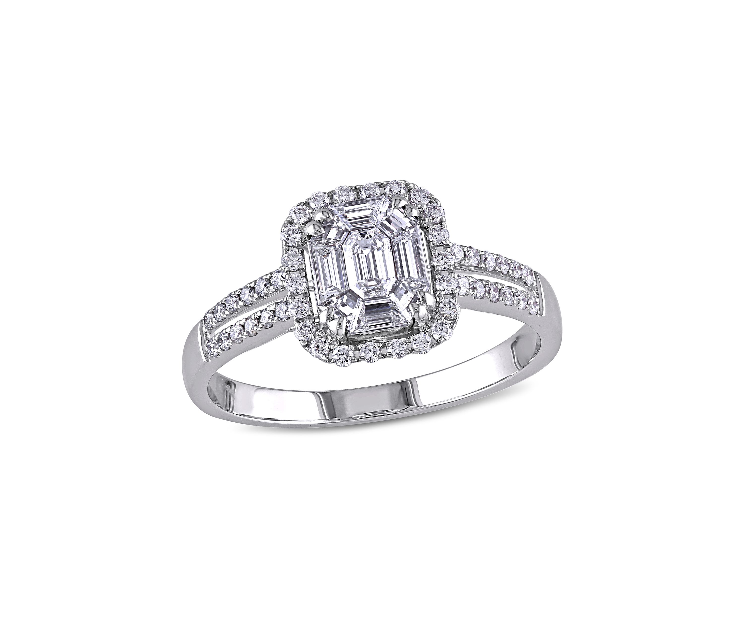 3/4 ct. t.w. Diamond Halo Split Shank Engagement Ring in 18k White Gold