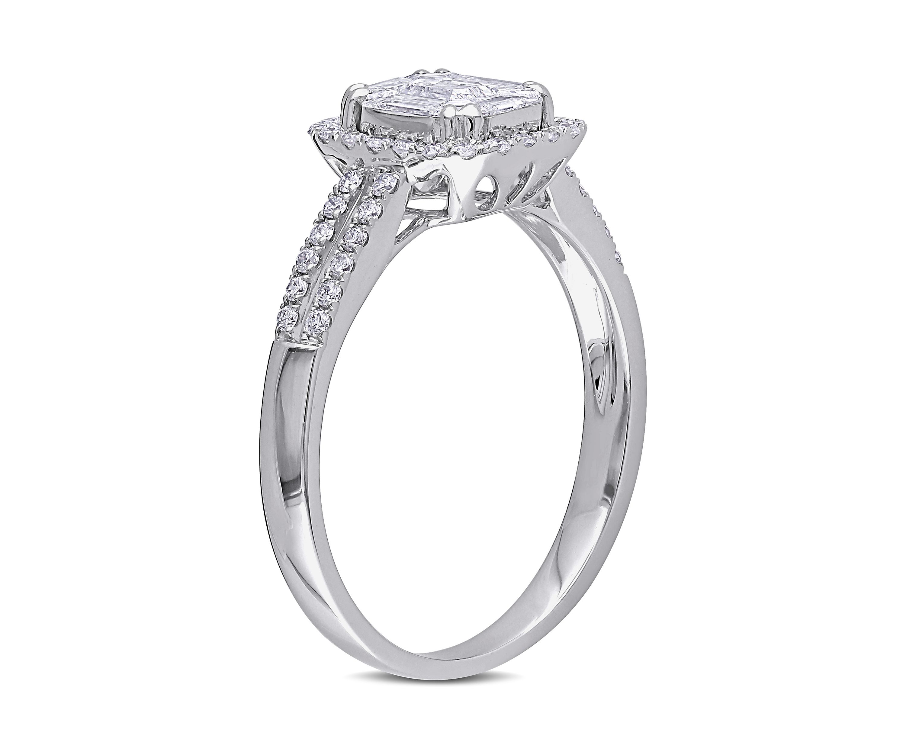 3/4 ct. t.w. Diamond Halo Split Shank Engagement Ring in 18k White Gold