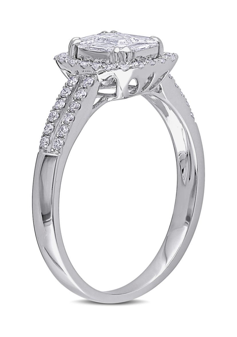 3/4 ct. t.w. Diamond Halo Split Shank Engagement Ring in 18k White Gold