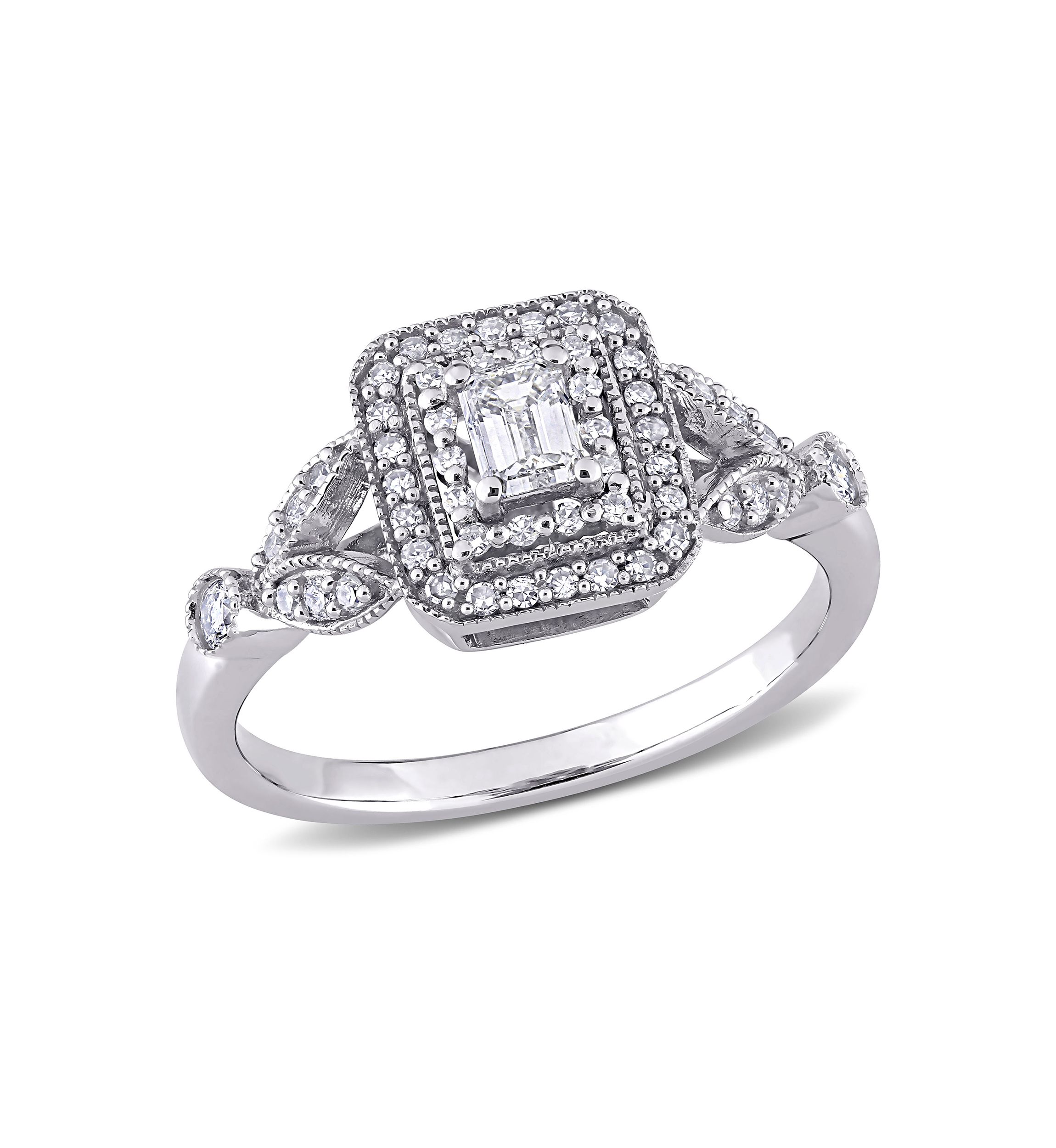1/2 ct. t.w. Diamond Emerald Cut Halo Vintage Engagement Ring in 10k White Gold